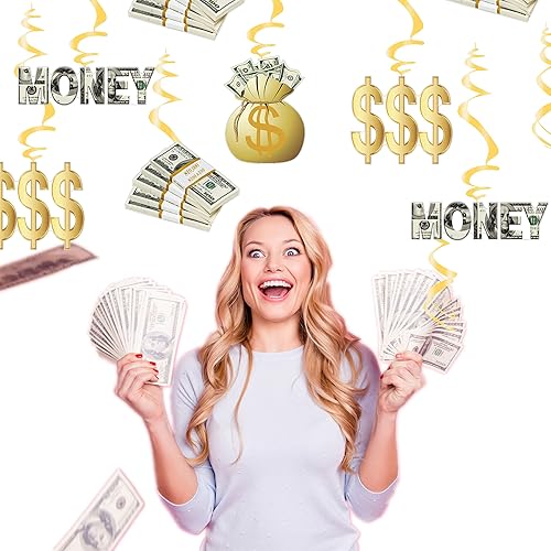 Miniatura 2 de Kit de decoración temática de dinero, carteles de billetes de dólar, pancarta de cumpleaños y espirales colgantes, símbolo de moneda para