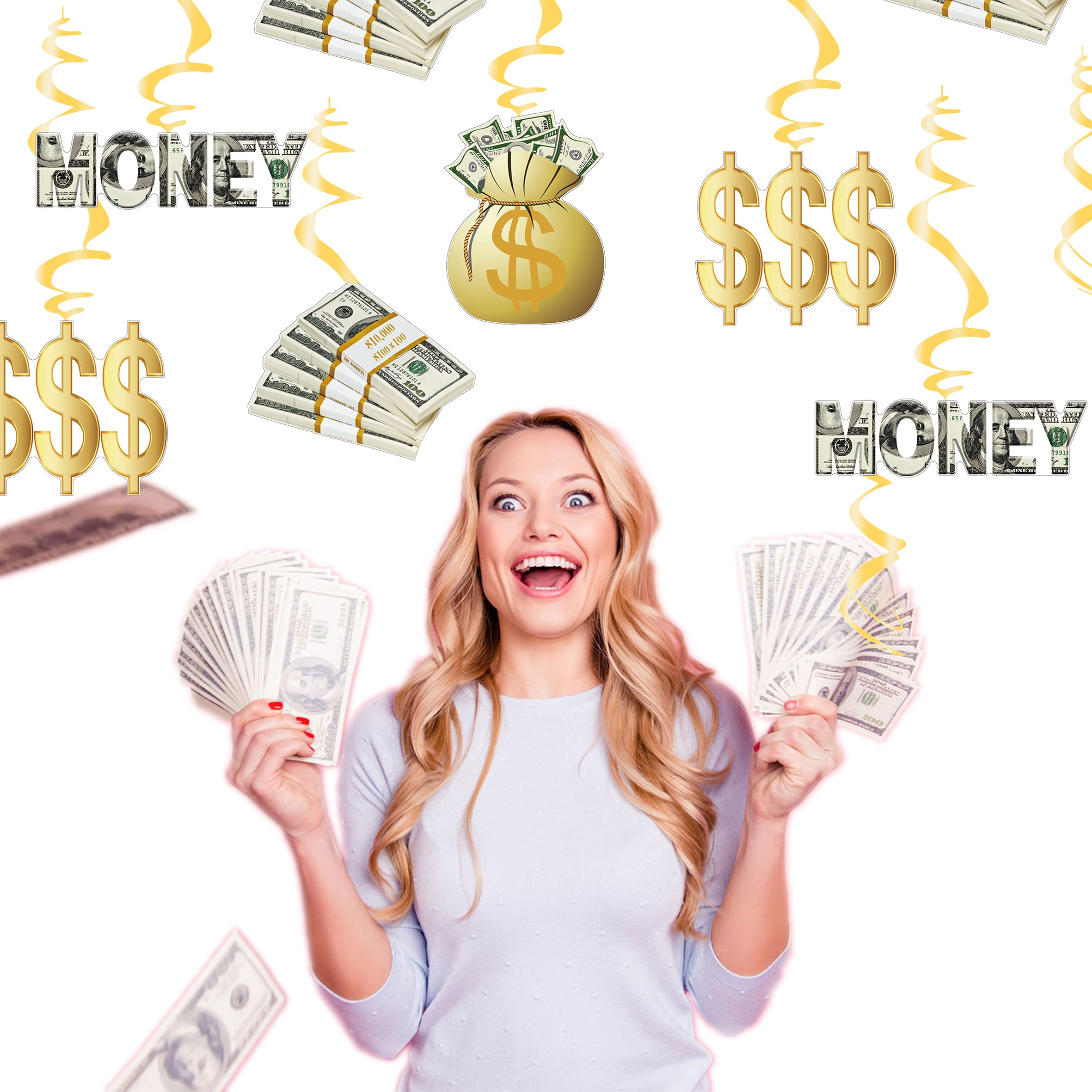 Amazon.com: YiiiGoood Money 主題裝飾套組鈔票美元標誌生日橫幅& 懸掛式漩渦錢袋貨幣符號 適用於生日賭場婚禮單身退休週年紀念畢業派對: