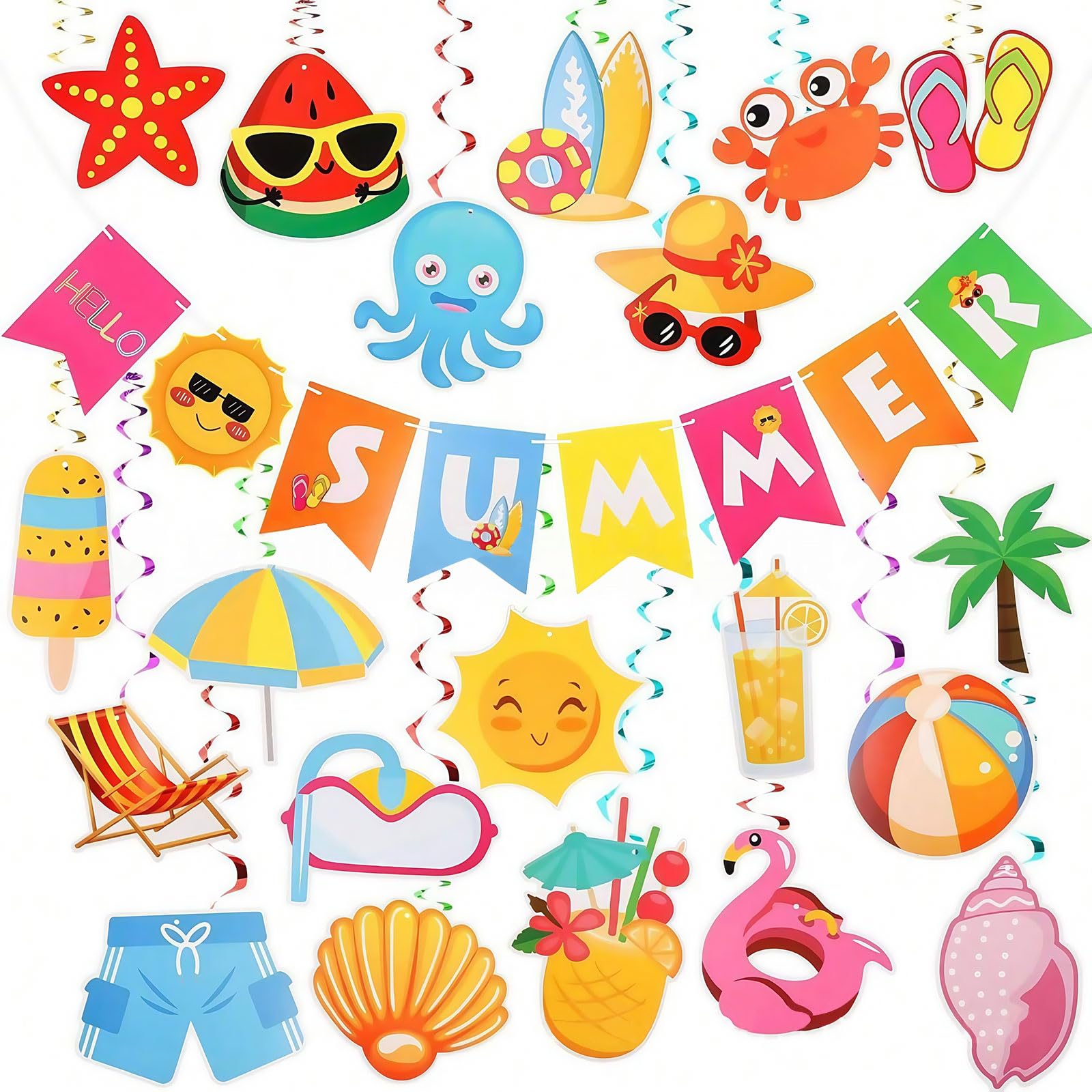 BelleVive 21-Piece Summer Party Decorations, Beach Pool Party Decor, 'Hello Summer' Banner, Pool, Beach, Hanging Streams, Home, Office, School, Classroom Decor