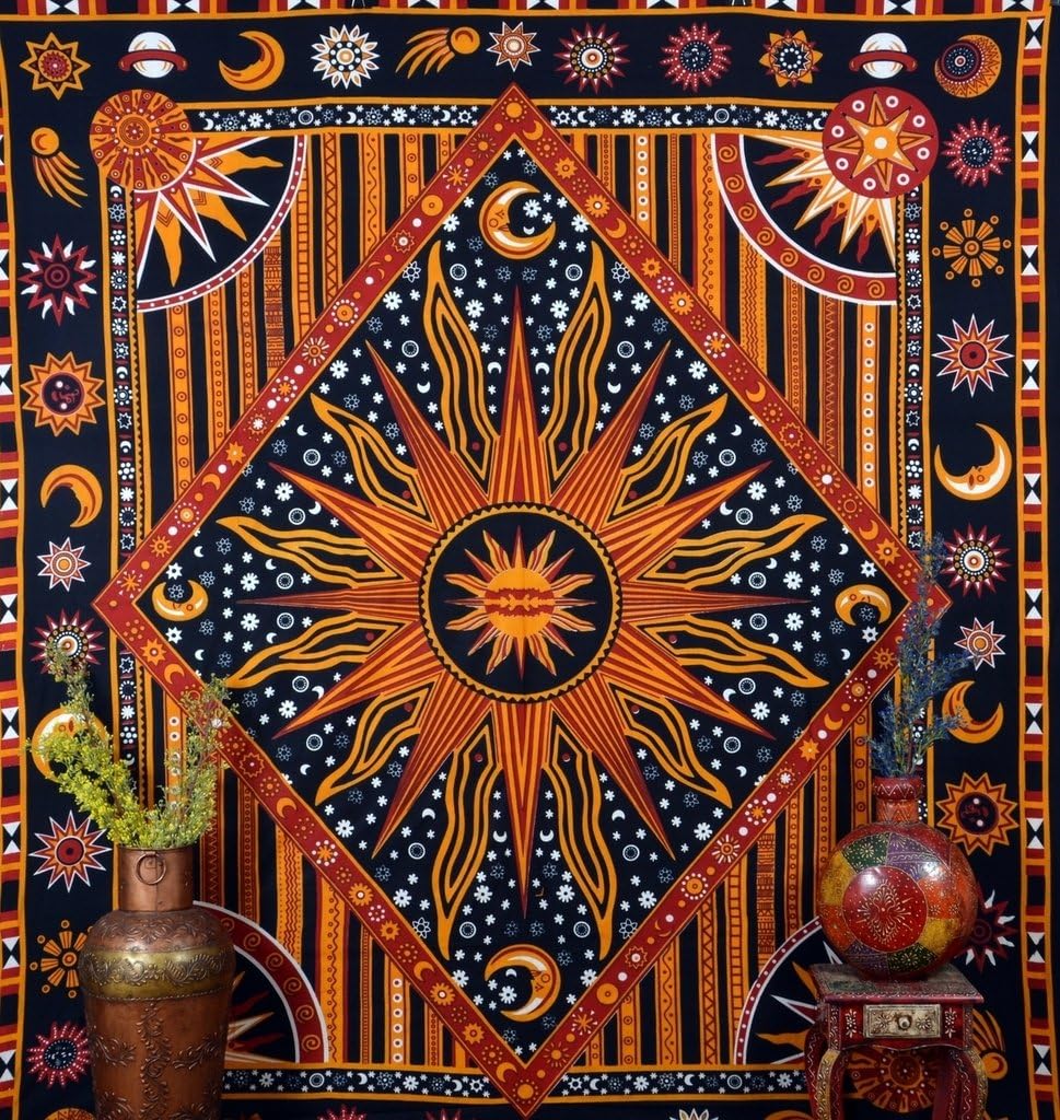 Jaipur Kala Kendra Indian Tapestry Sun Sign Printed Zodiac Peace Brown Color Hippie Bedspread Bed Sheet Throw Decor Wall Hanging Handmade Tapestries Ethnic Art Boho Bohemian Bedding Cotton