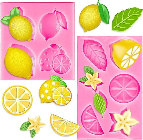 Miniatura 1 de Whaline Paquete de 2 moldes para fondant de limón, flores de frutas de verano, moldes de chocolate de silicona, rebanadas de limón, moldes de resina