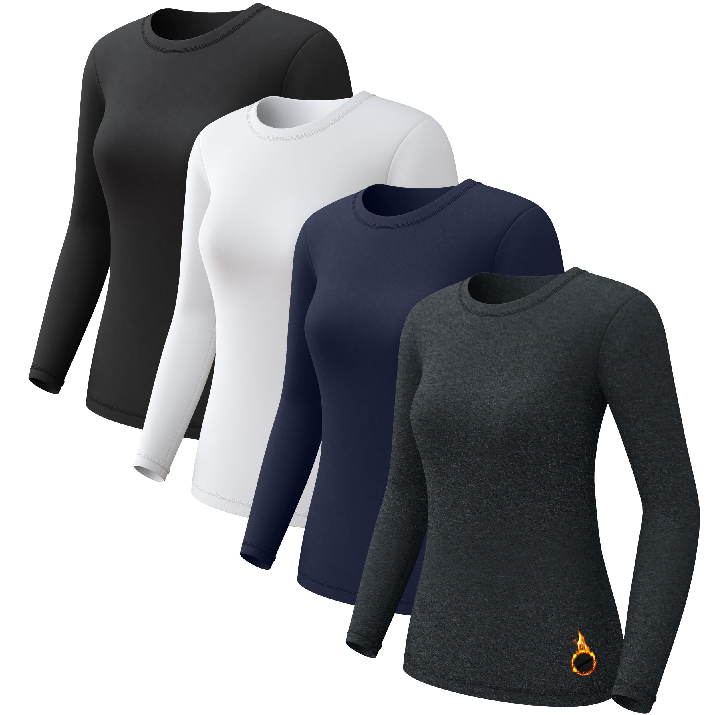 CL convallaria 1 2 4 piezas de ropa interior térmica para mujer, con forro polar, camiseta de manga larga, negro, blanco, azul, gris claro jaspeado, XXL