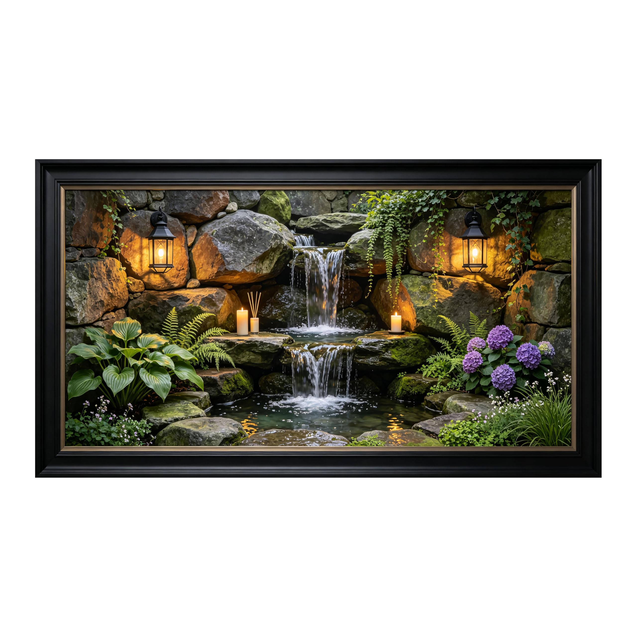 Yzpallescene 3D Framed Wall Art Rustic Waterfall Stone Garden Botanical Large Size SelfAdhesive Removable Wall Decor Prints Artwork for Living Room Bedroom Office