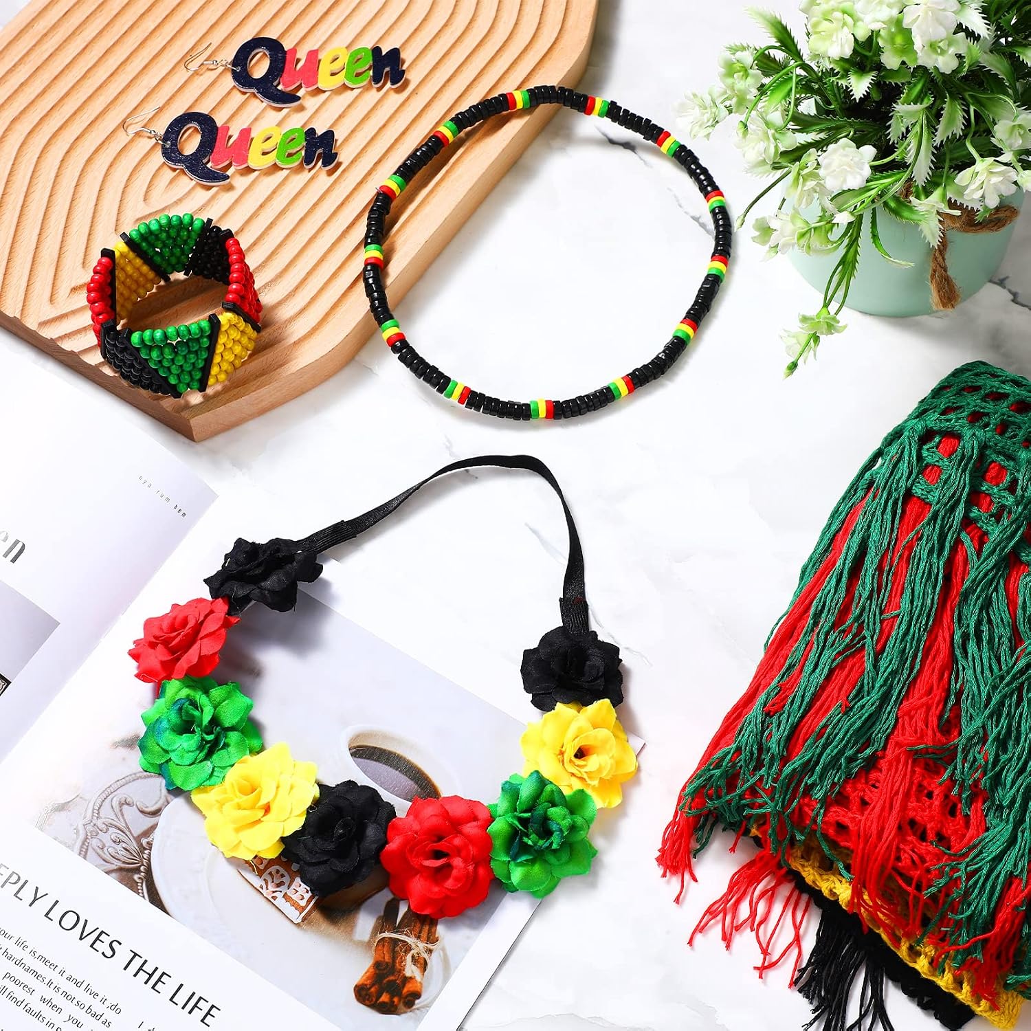 5 Pcs Jamaican Cover Ups Women African Beach Accessories Set Rainbow Crochet Dress Jamaican Outfits for Summer Boho Jewelry