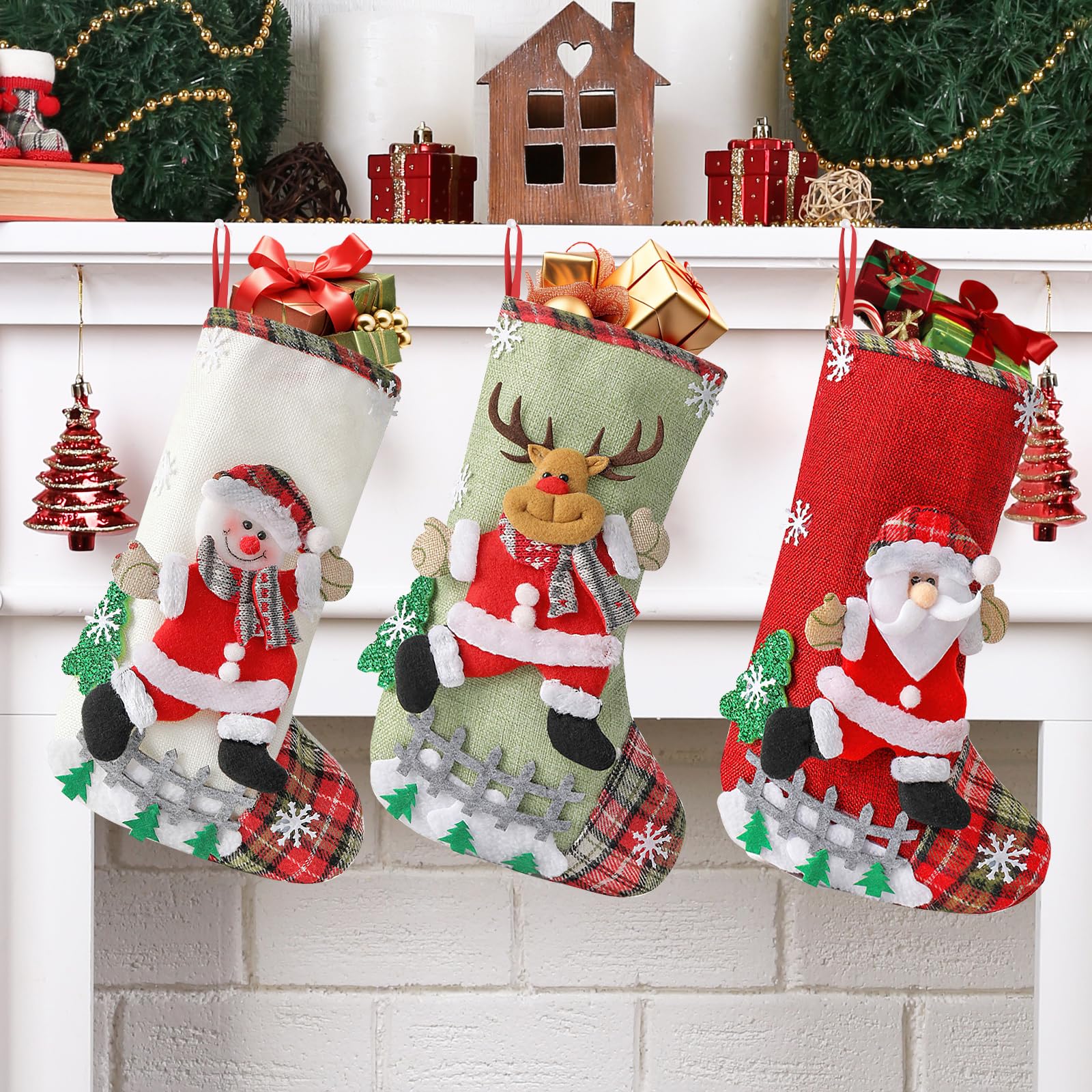 4 Pièces Chaussettes De Noël à Suspendre - Bas Décoratifs Père Noël, Renne Et Bonhomme De Neige