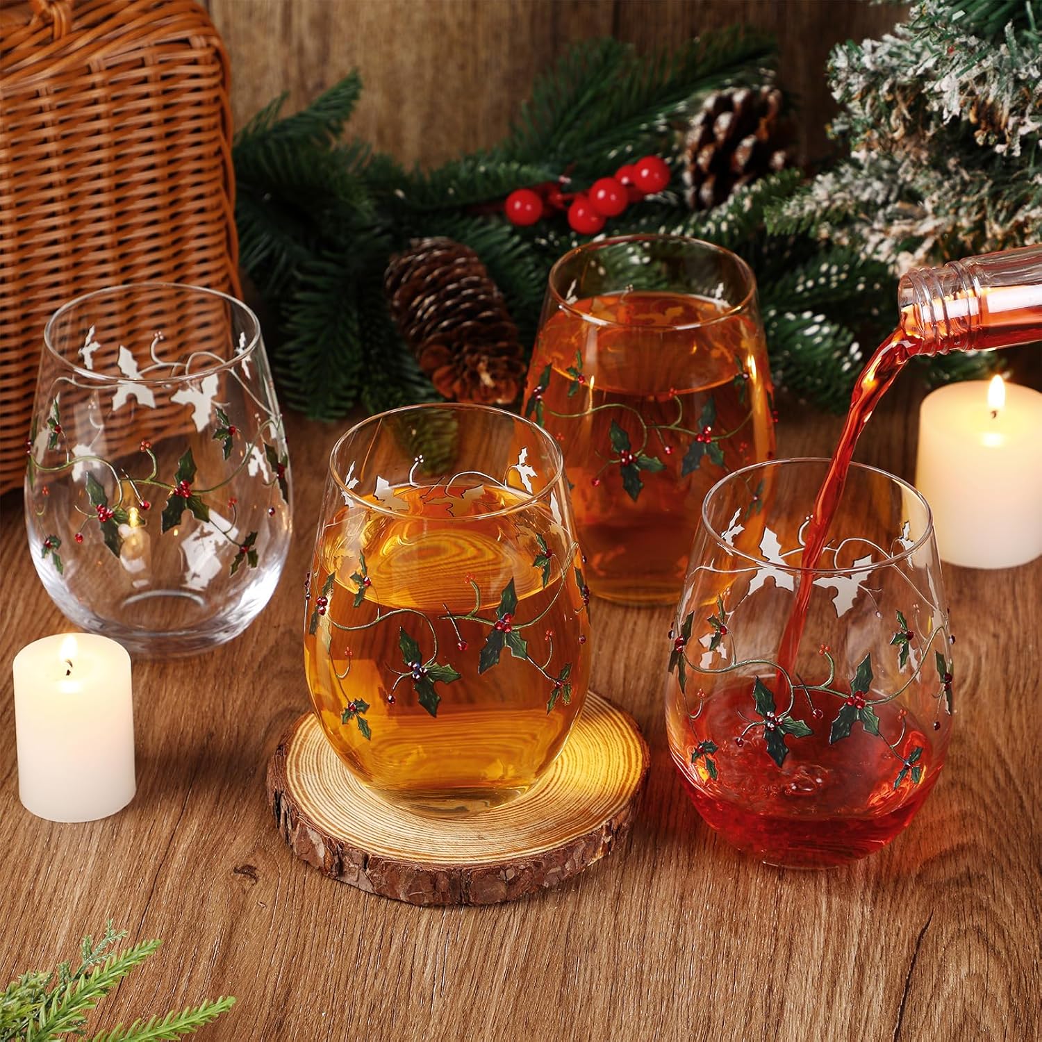 Vesici 4 Pcs Christmas Stemless Wine Glasses 19 oz Winter Leaf and Red Berry Wine Glasses Christmas Drinkware Set Xmas Birthday Gifts for Xmas Festive Party Supply - Image 4