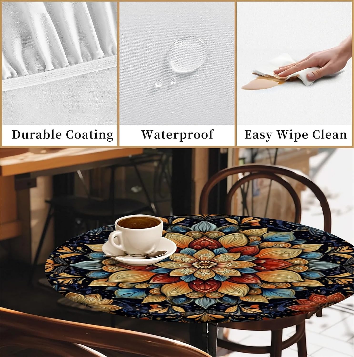 Elastic Tablecloth for Round Tables, Waterproof Tablecover for Up to 37"-44" Round Table, Dining Tablecover for Indoor and Outdoor, Holiday, Boho