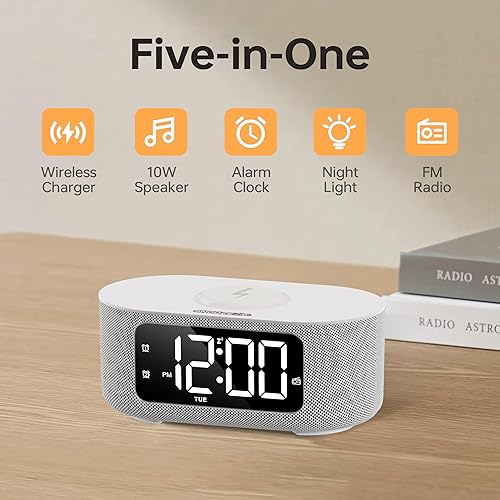 Miniatura 2 de JALL Reloj despertador de tela para dormitorio, con pantalla LED grande, altavoz de sonido estéreo Bluetooth, radio FM, carga inalámbrica rápida,