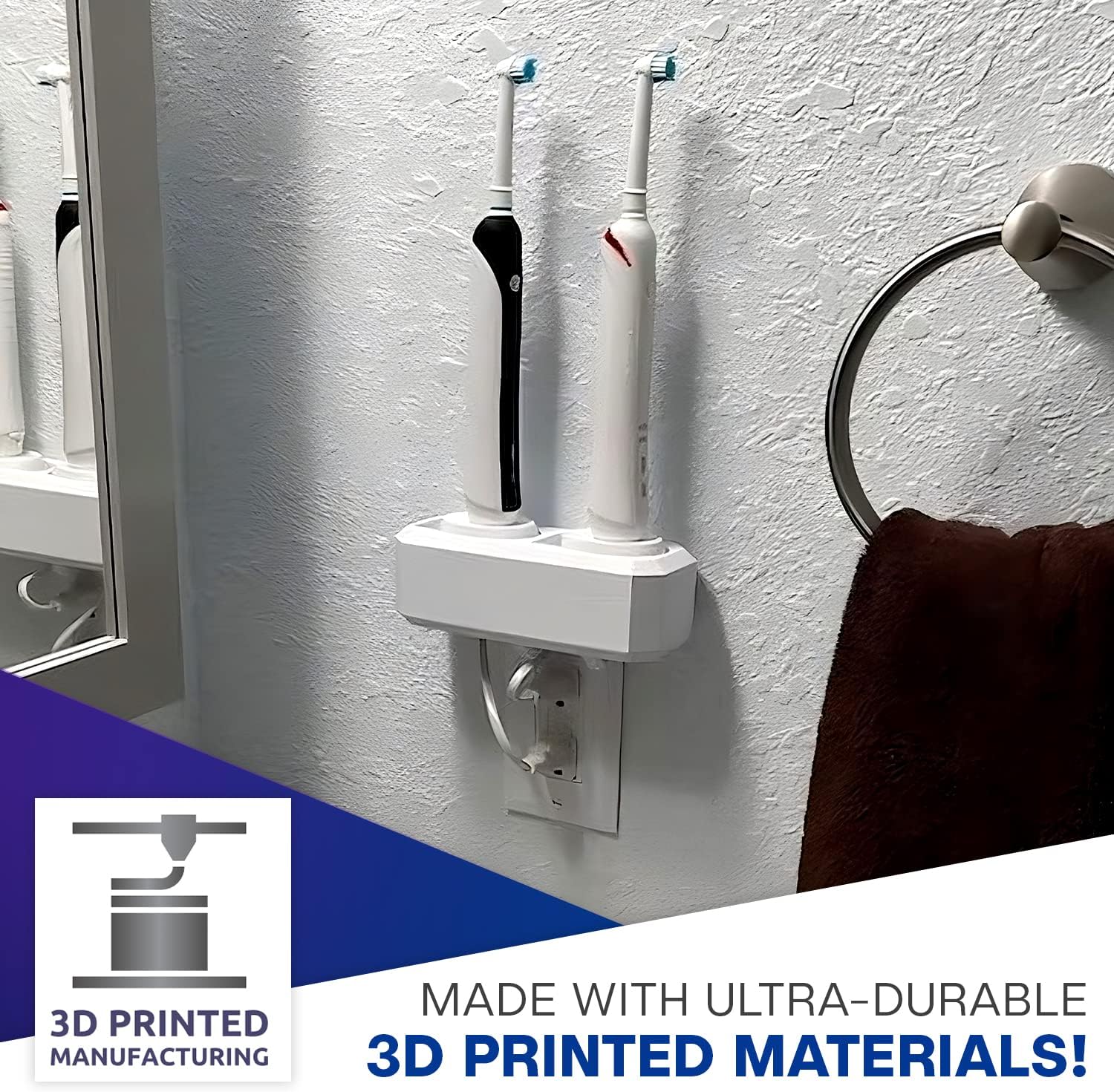Electric Toothbrush Holder, Wall Mount, Compatible with Oral-B, Holds 2 Chargers, Mounts on Double Duplex Outlet ONLY. (Charger/Brushes NOT Included), White, OB2C-DSDV