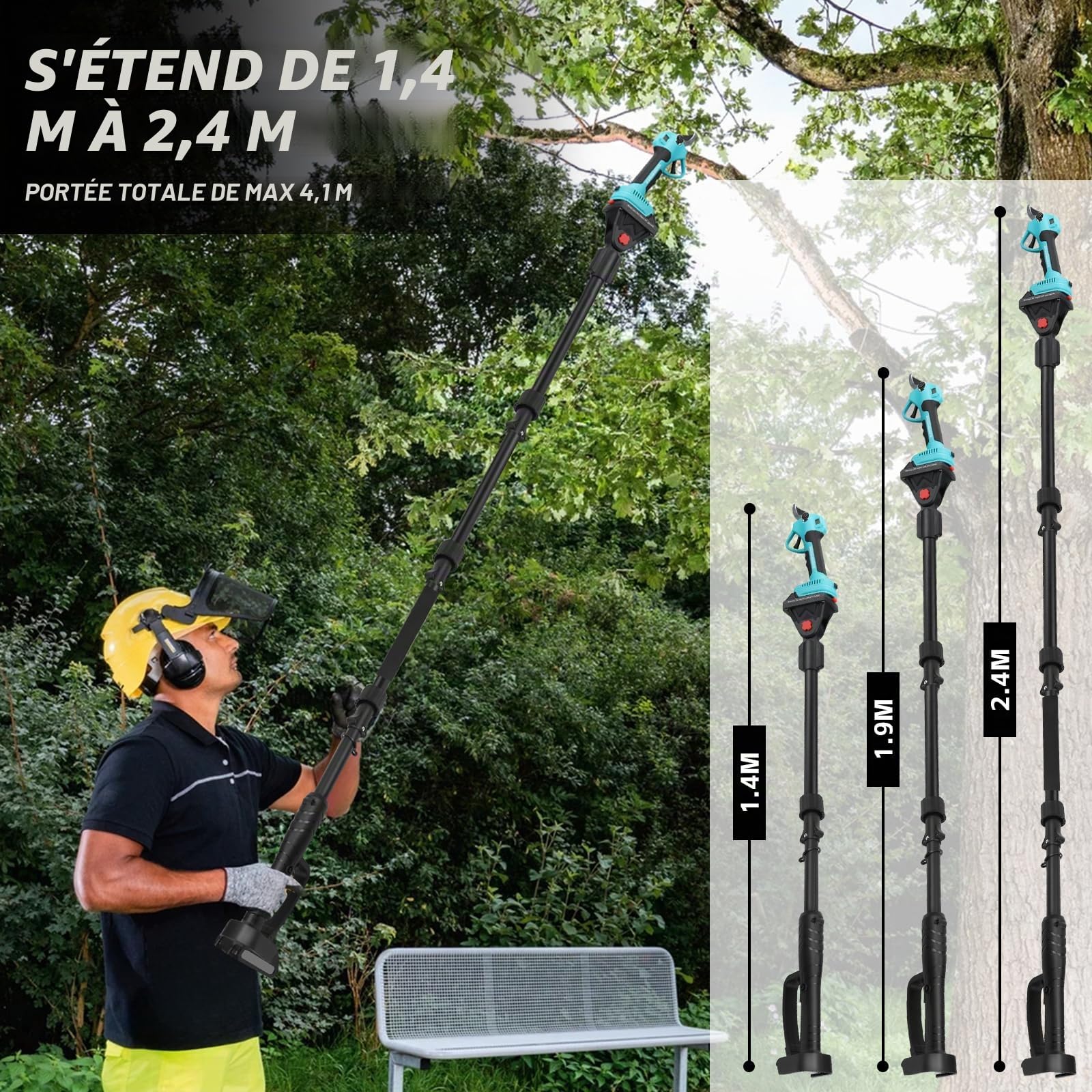 Sécateur Électrique 2-en-1 avec Perche Télescopique 4x0.5m - Réglable 1m/1.5m/2m, Coupe 43mm Secateur Electrique Sans Fil Compatible avec Makita 18V, SK7 Lame, Moteur Sans Balais (Sans Batterie)