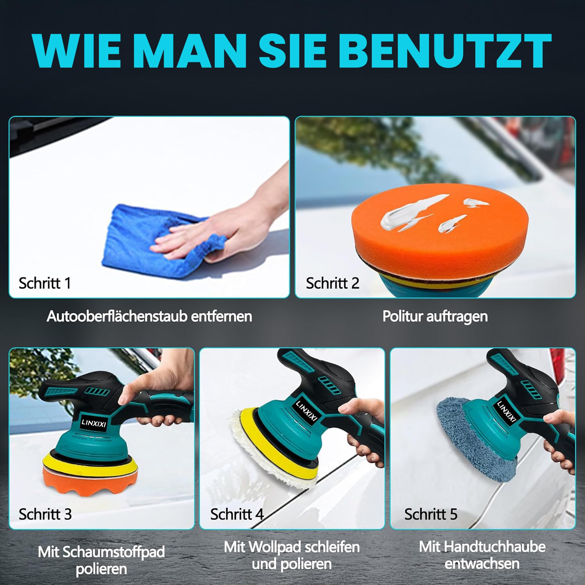 Poliermaschine Auto für Makita 18V-Akku, 6 Zoll Orbital Auto Politur mit 8 Variablen Geschwindigkeiten,27pcs Auto poliermaschinen Set, für Polieren/Wachsen/Autodetaillierung (ohne Akku)