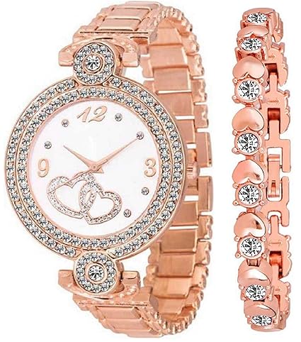 ZUPERIA Diamond Studded Rose Gold Stylish Analogue Watch & Rose Gold Dot Bracelet for Girls & Women