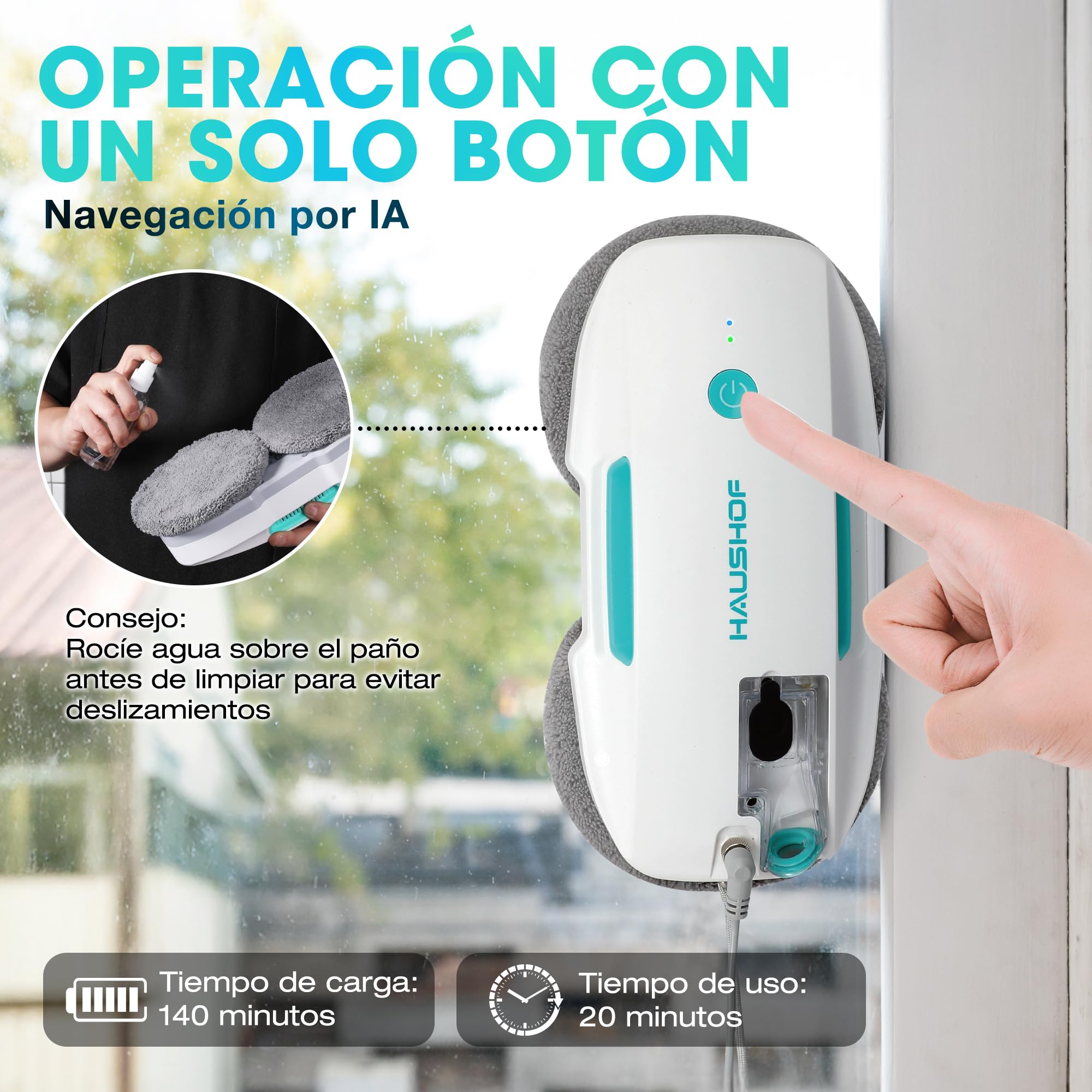 HAUSHOF Robot Limpiacristales, Limpia Cristales Electrico Ventanas, Robot Limpia Ventanas con Succión de 3800Pa, Limpiador Eléctrico de Ventanas con Control Remoto, Detección de Bordes