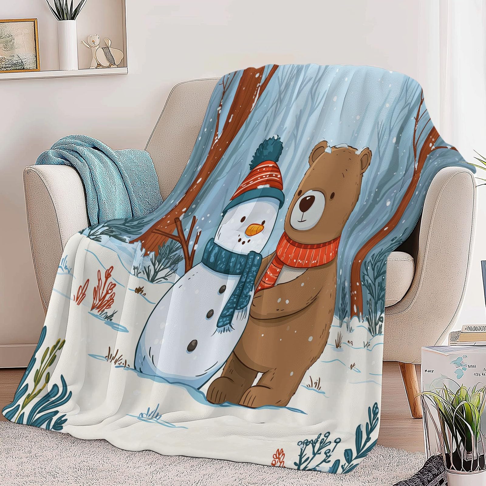 Puszysty koc polarowy na zimę, bałwanki i niedźwiedzie, 180 x 220 cm, miękki, ciepły, na sofę, koc polarowy, przytulny flanelowy koc na łóżko, dla dorosłych, dzieci i niemowląt, pomysł na prezent