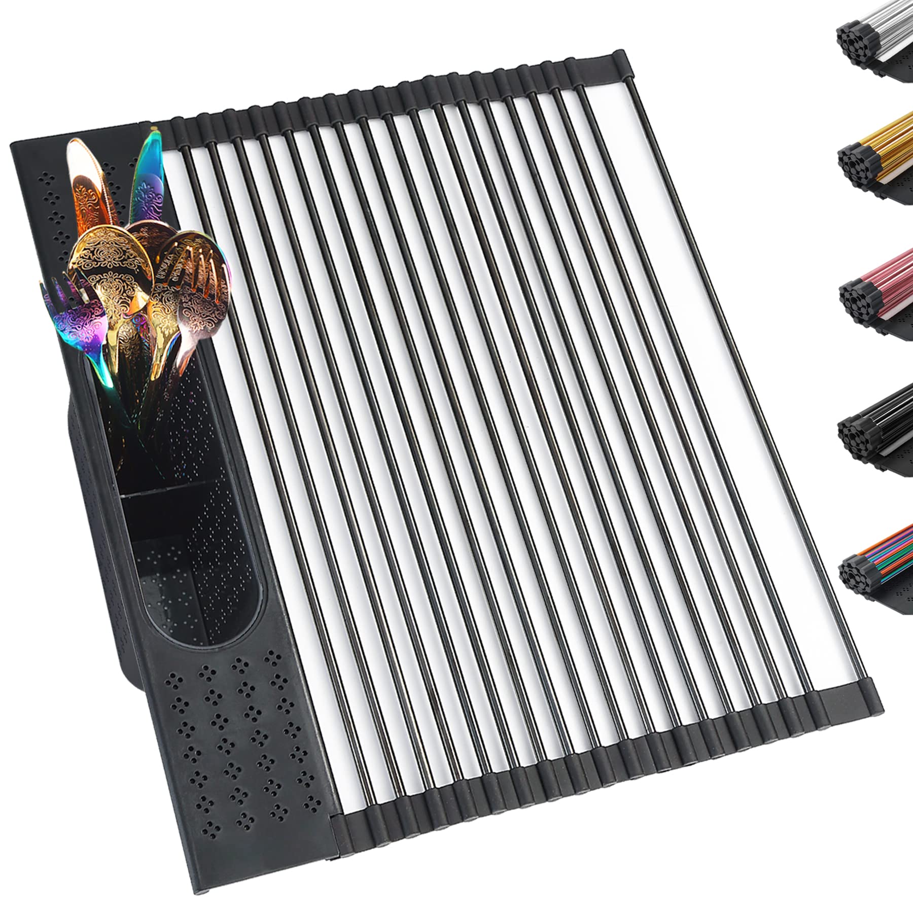 Berglander Black Dish Drying Rack Over The Sink, L17.5*W 15" Rollable Tianium Black Plating Stainless Steel Dish Rack with Removable Storage Basket, Perfect for Kitchen Sink