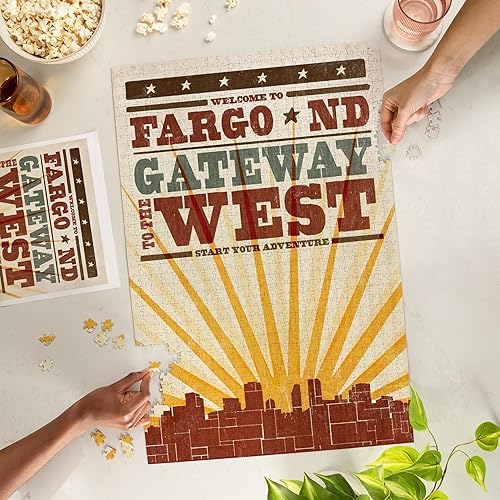 Miniatura 2 de Fargo, Dakota del Norte, Skyline y Sunburst estilo serigrafiado (rompecabezas de 1000 piezas, tamaño 19 x 27, rompecabezas desafiante para adultos y