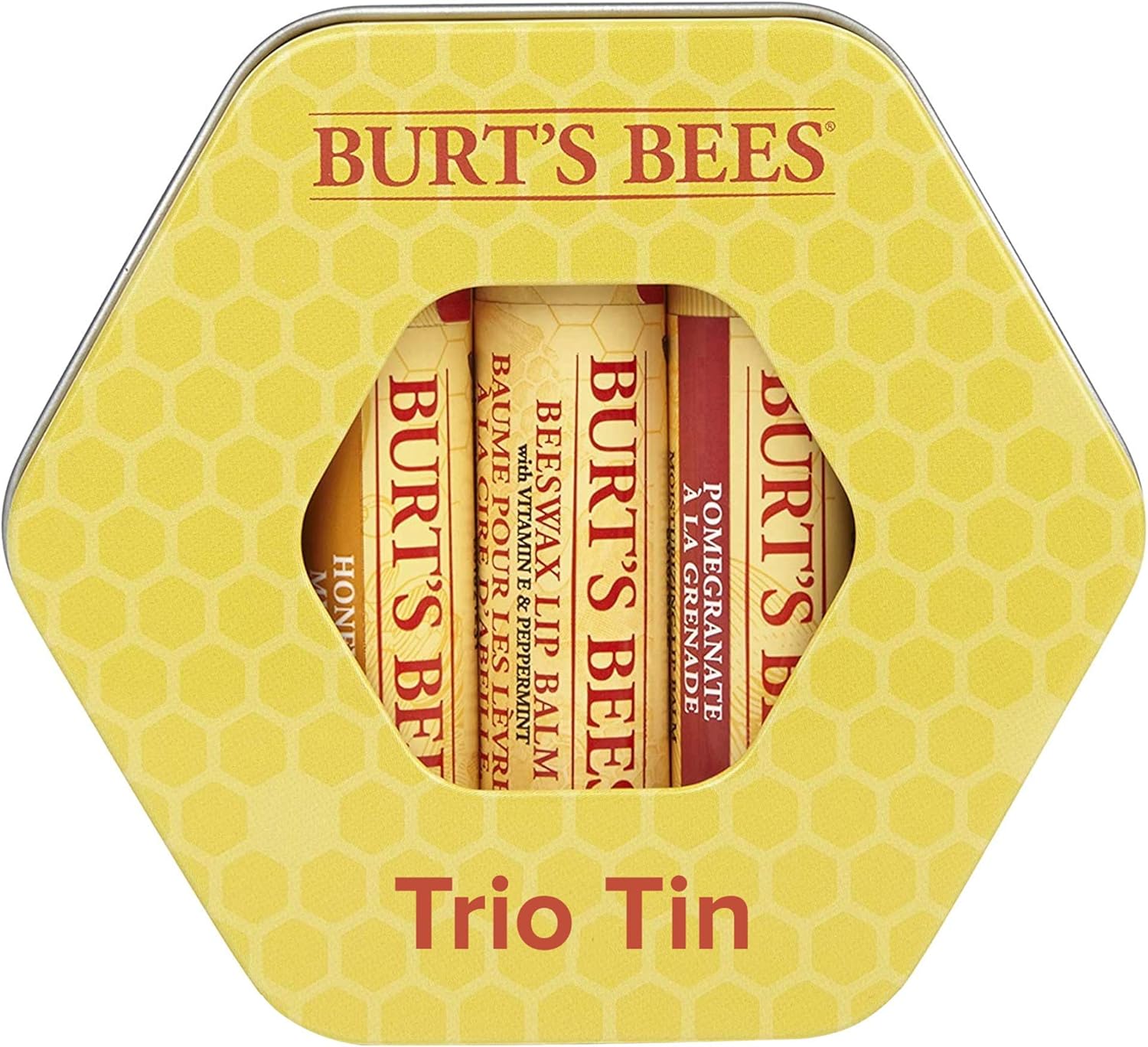 Set de regalo hidratante de tres latas Burt's Bees con 1 bálsamo labial con cera de abejas 100% natural con vitamina E y menta (4,25 g), 1 bálsamo labial de miel (4,25 g) y 1 bálsamo labial de granad