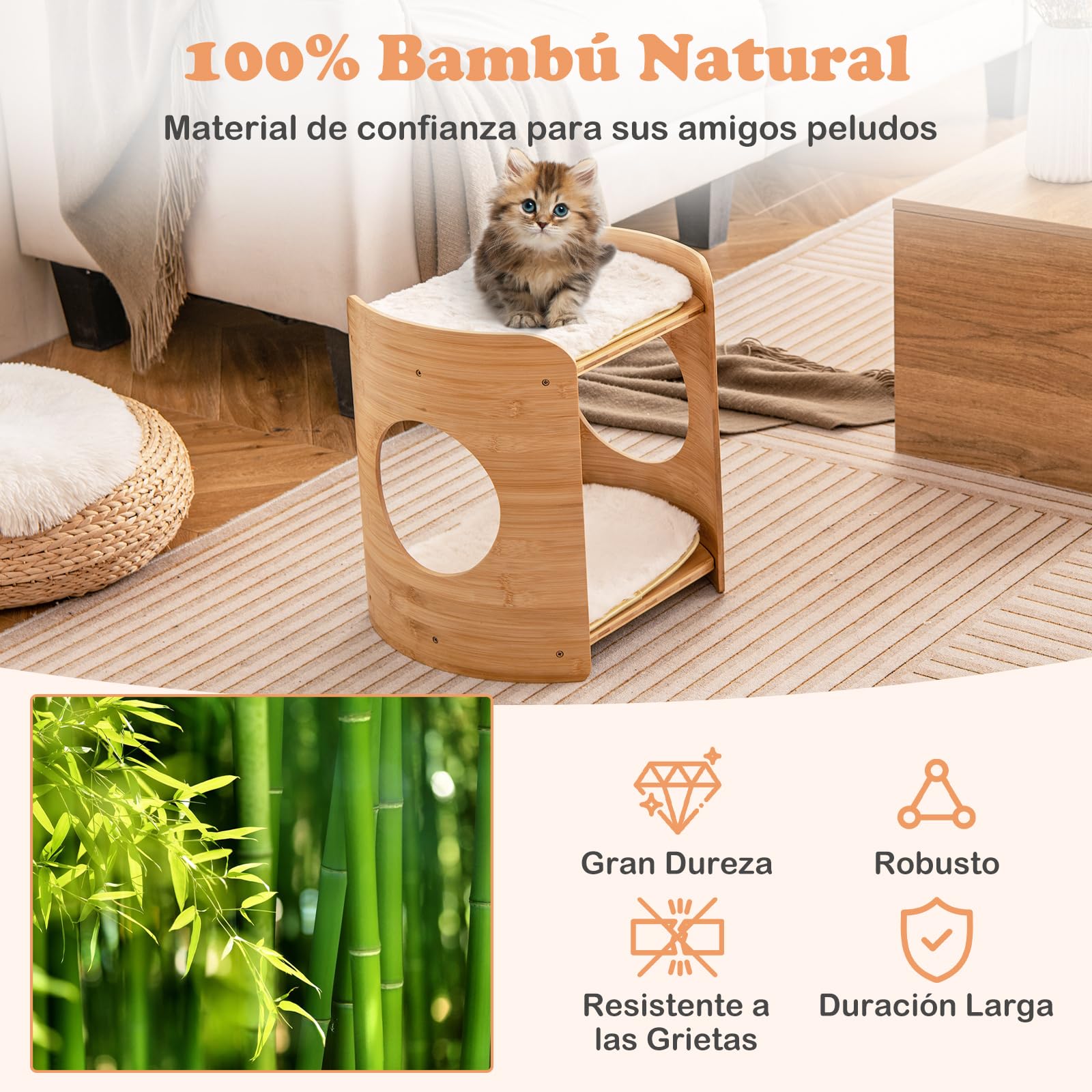 GOPLUS Torre para Gatos de 2 Niveles, Interior, Bambú con Camas Dobles, Cojines Lavables, Acceso para Gatos y Gatitos Pequeños