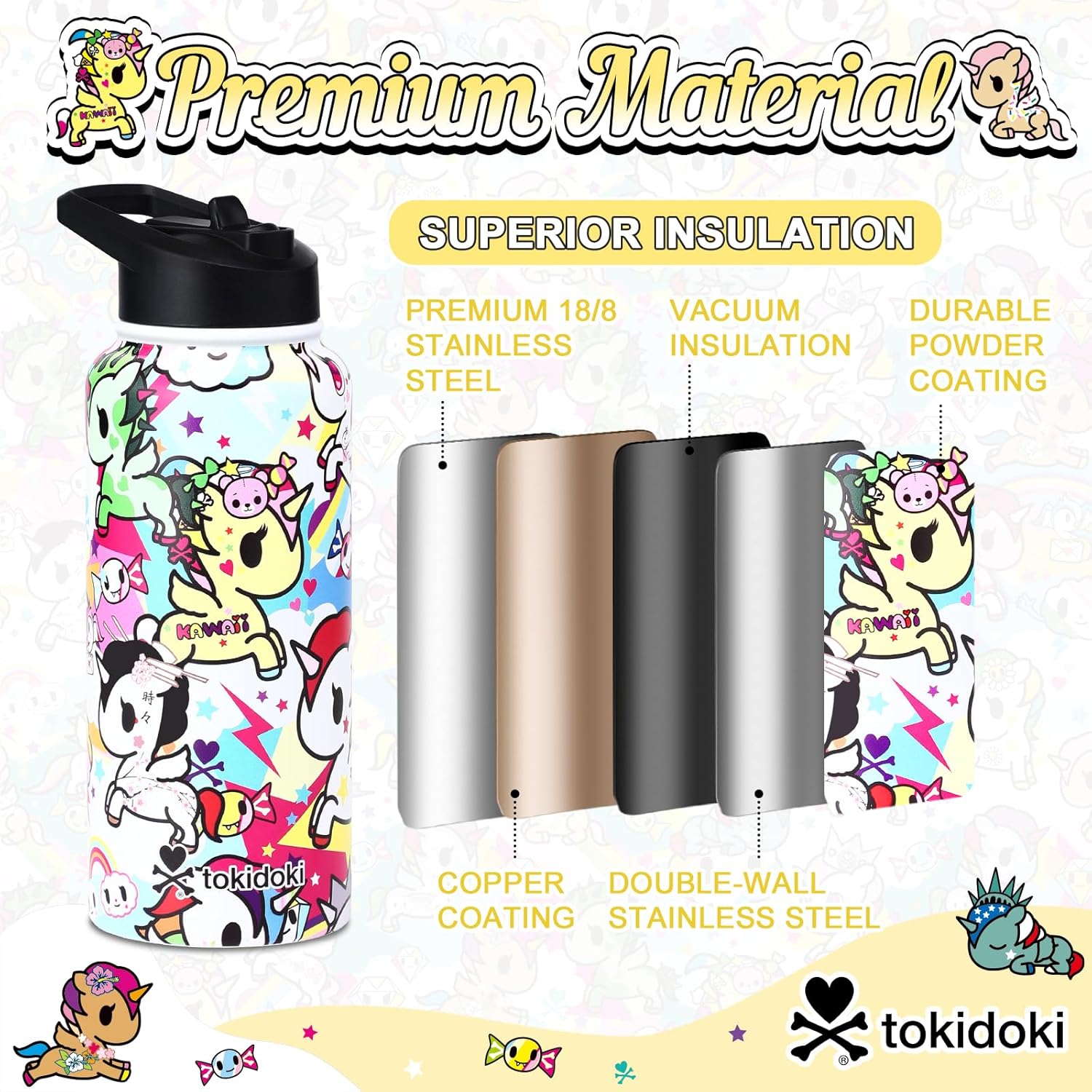 Tokidoki Unicorno Bottle 32oz Insulated Stainless Steel Water Bottle Reusable Vacuum Insulated Water Bottle Tumbler with Leak Proof Flip Bottle for Travel Office Gym (rainbow unicorno) - Image 3