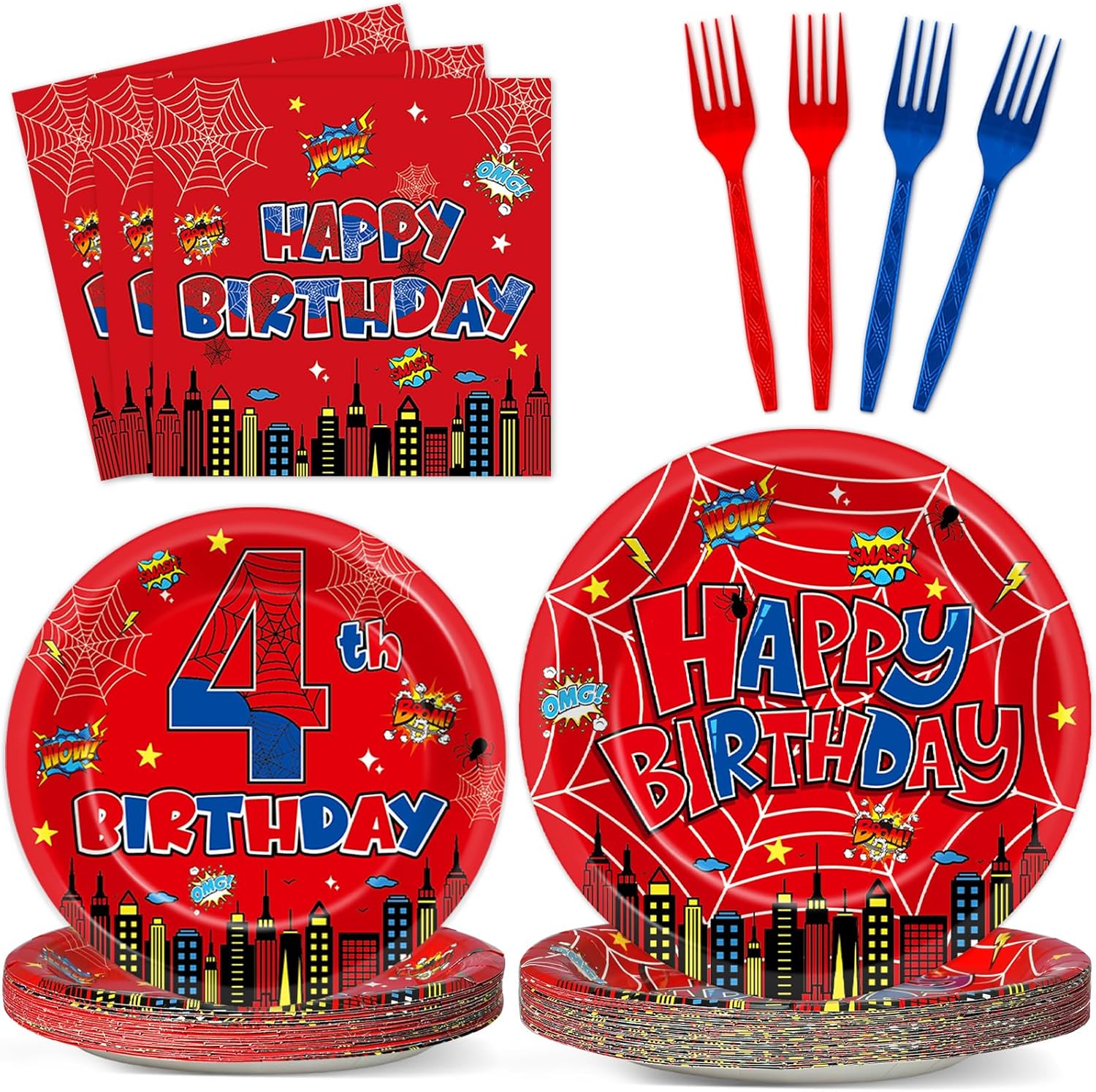 96Pcs Spider 4th Birthday Party Decorations Cartoon Spider Theme Plates Napkins Red Blue Hero Tableware set Super Theme Hero 4th Birthday Decoration Favors for Kids 4 Year Old Party Supplies Serve 24
