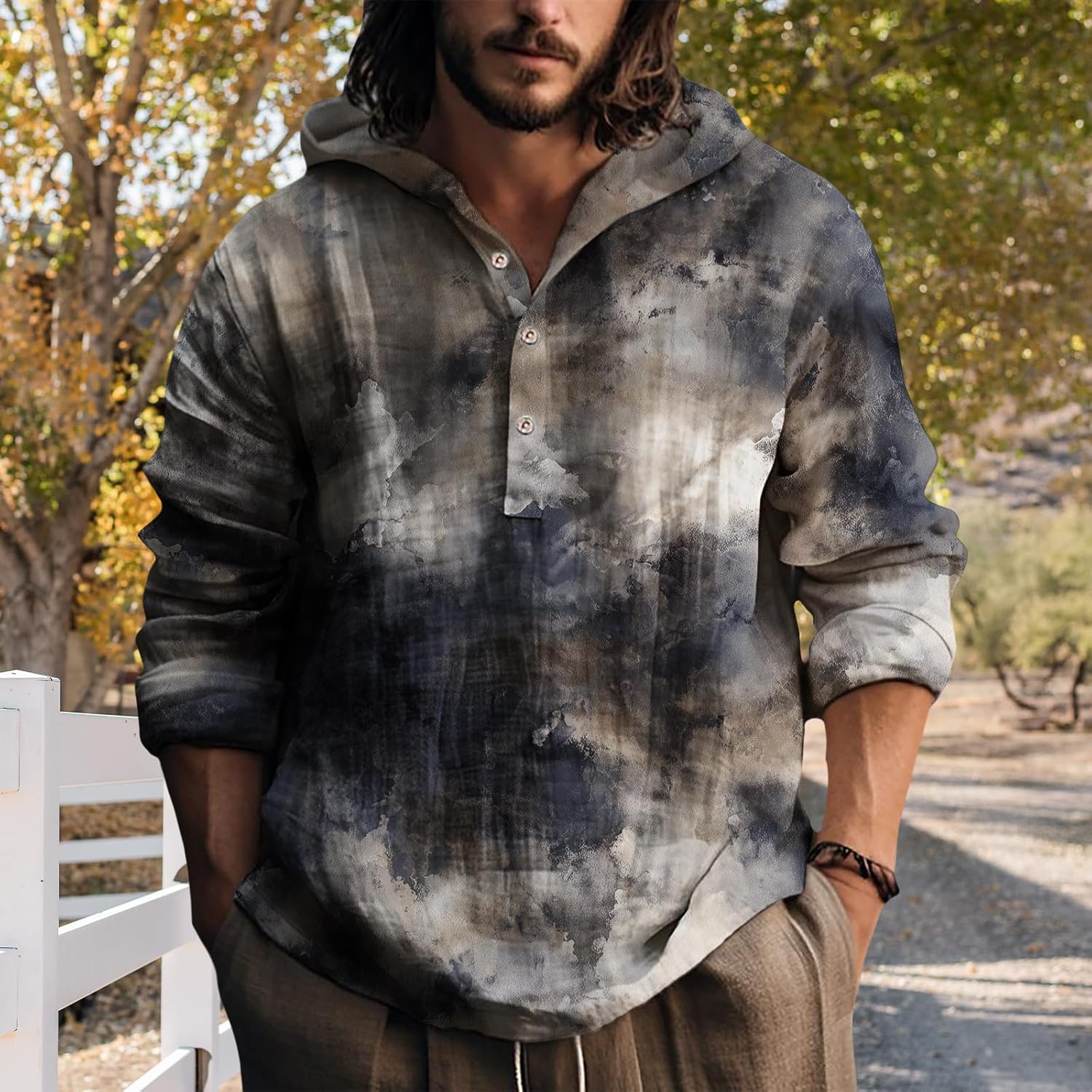 Mens Hooded Tie Dye Button Up Shirt Long Sleeve Casual Pullover Top Relaxed Fit Beach Vacation Streetwear - Image 2