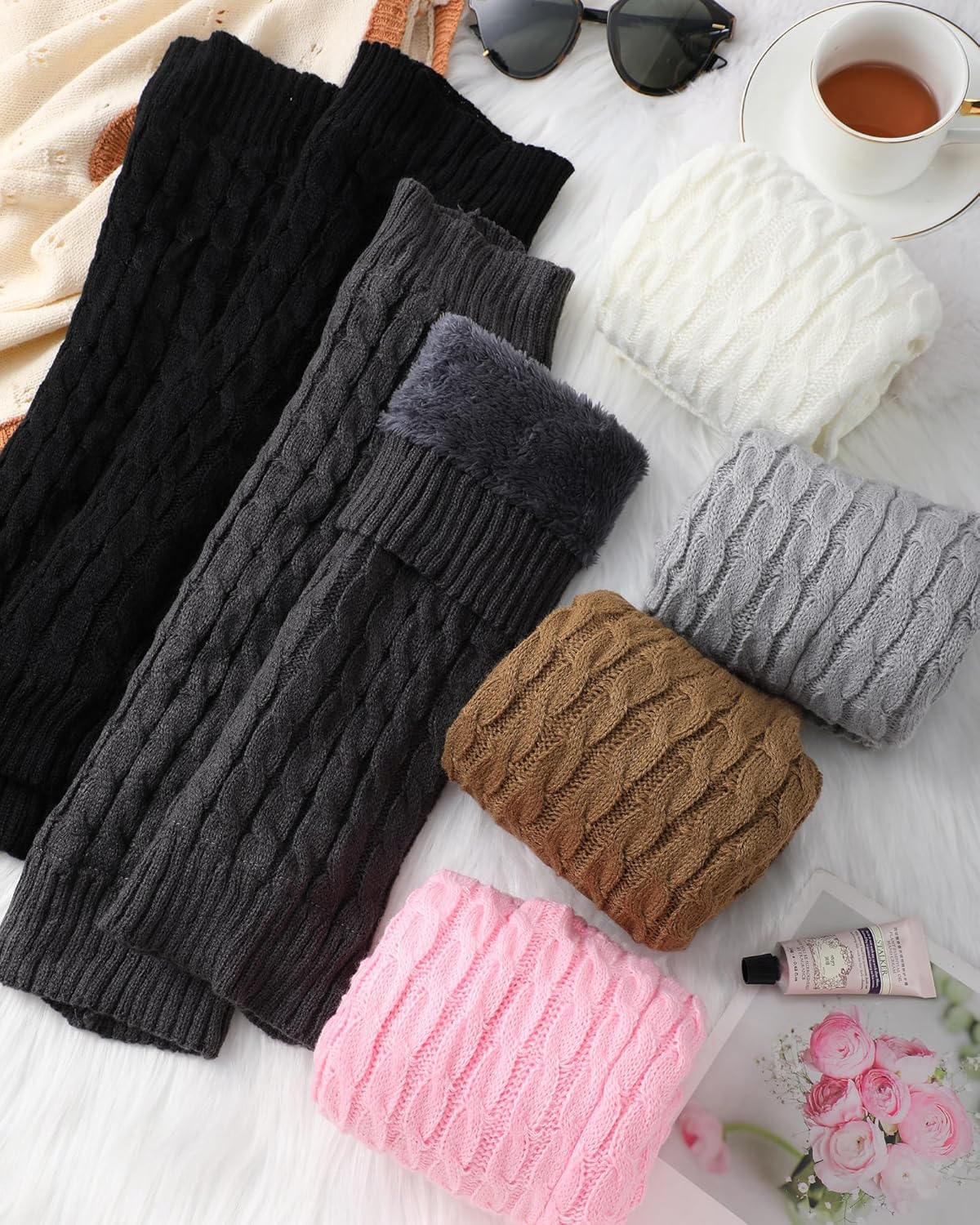 Chuarry 6 Pairs Winter Fleece Lined Leg Warmers for Women Thick Knit Warm Knee High Boot Leg Warmers for Cold Weather - Image 5