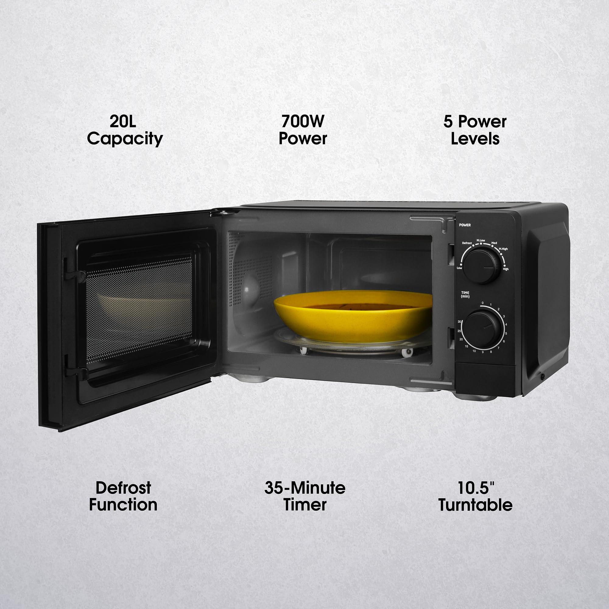 Abode 20L Manual Microwave Black 700W with 5 Power Levels & Timer, Button & Dial Control, Defrost Function, AMM2005B (Manual, Black) — view 3
