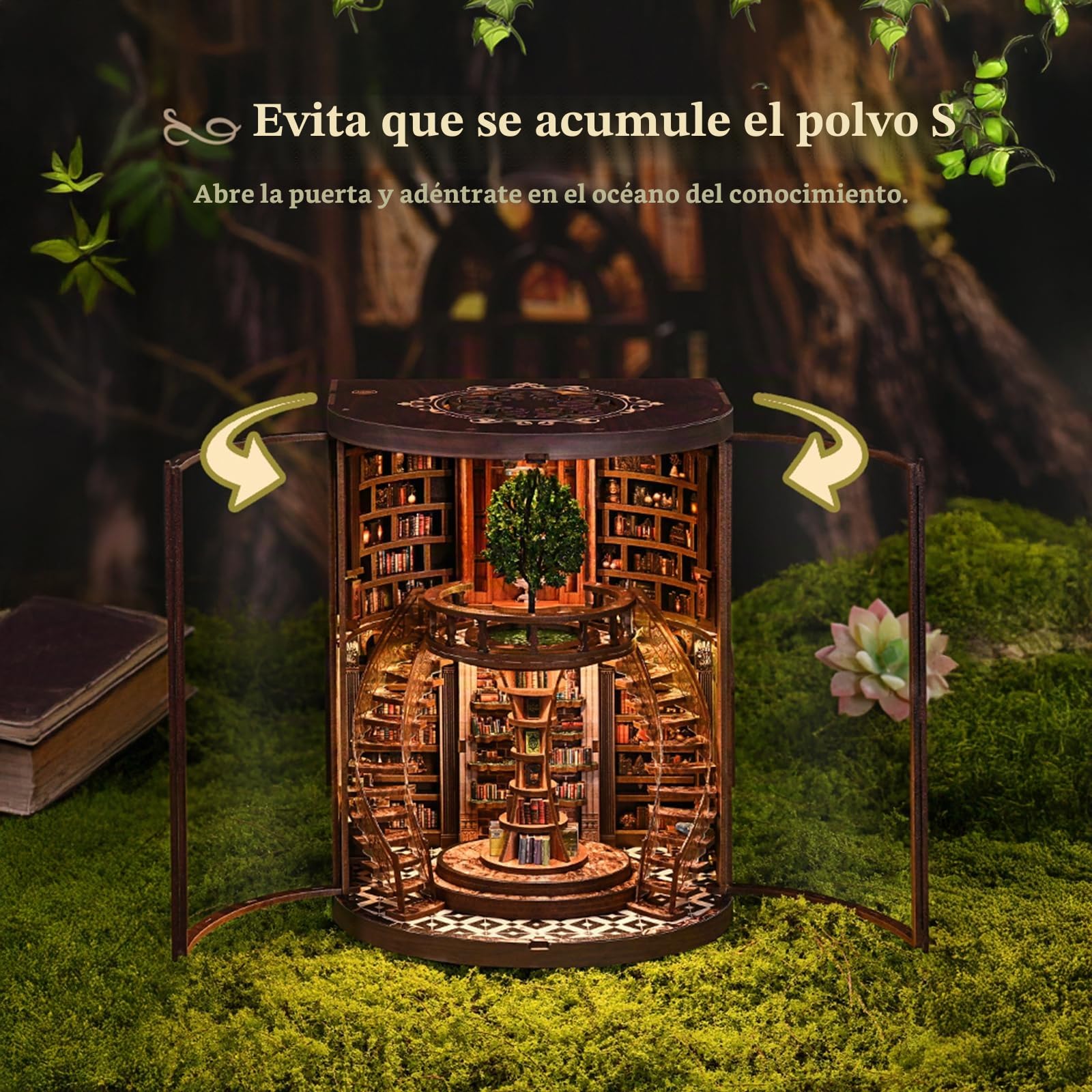 Book Nook Kit para niños y Adultos, Biblioteca de Libros Wisdom Rings Book Repository,Miniatura Puzzle 3D de Madera con Luz LED,Creativa Decoración Hogareña y Regalo Original