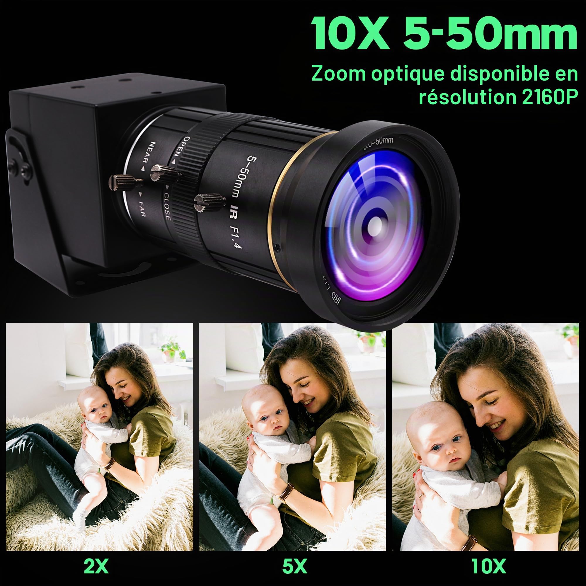 ELP Caméra USB 4K HDMI avec Zoom Optique 10X 5-50mm - Caméra de Vidéoconférence Ultra HD 2160P pour Ordinateur, Webcam Plug and Play pour Windows, Linux, Android