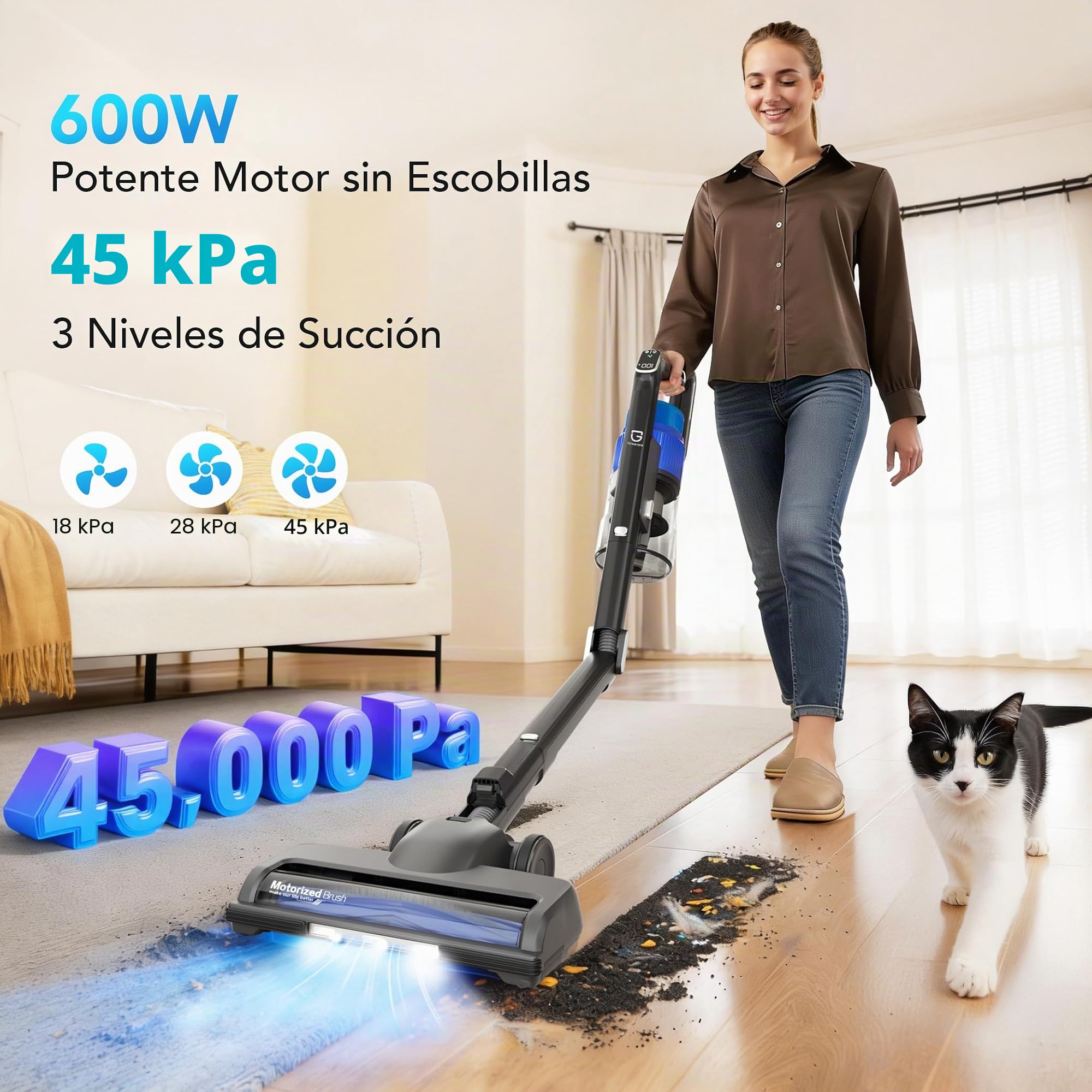 Greenote GSC80 Aspiradora Escoba Sin Cable 45KPa/600W, con Base De Carga, 60Min Autonomía, Tubo Plegable & Autoportante, Pantalla Táctil, Anti-Enredos para Pelo de Mascotas, Alfombras y Suelos Duros