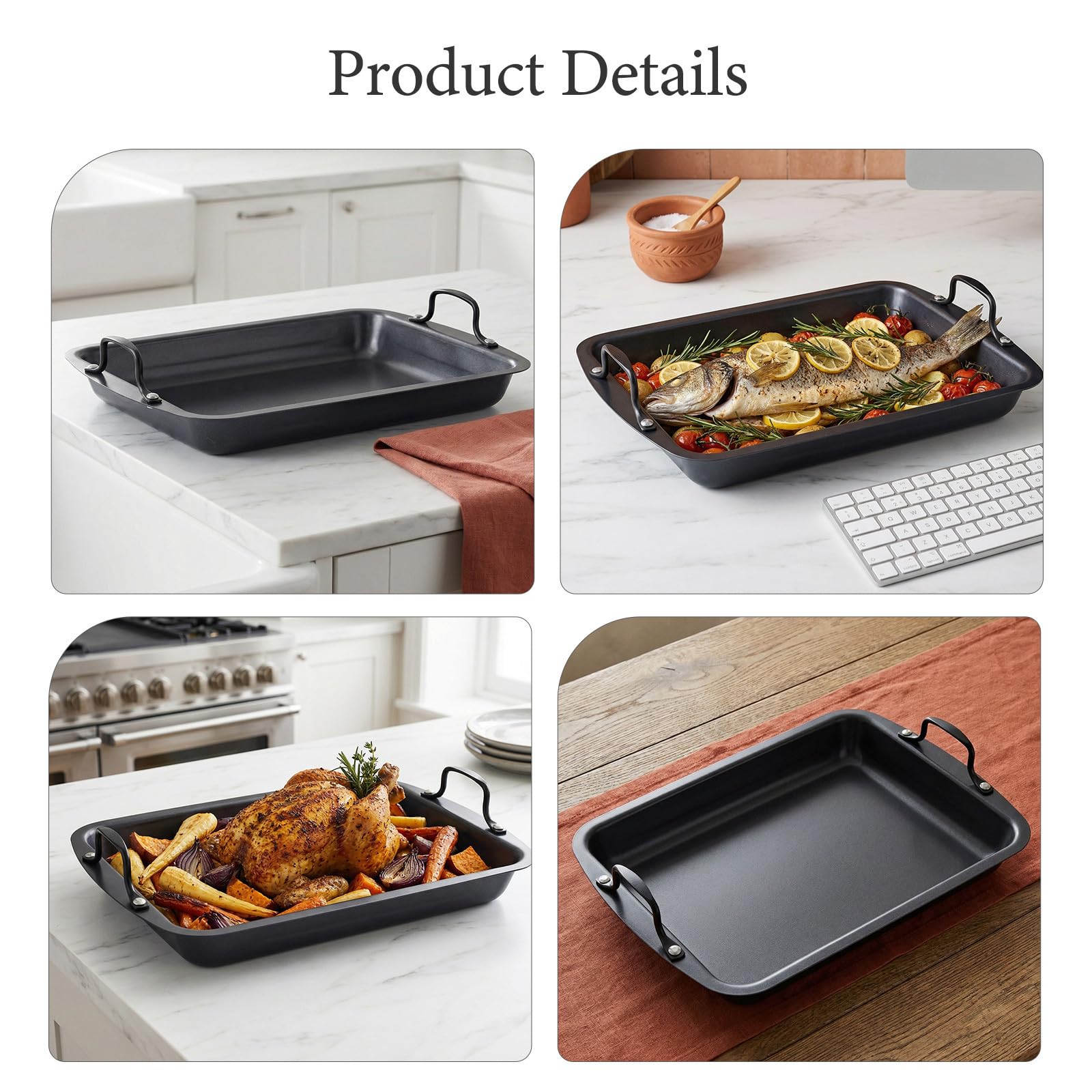 Bandeja para Asar de Acero Inoxidable Recubrimiento Antiadherente, Distribución Uniforme del Calor y Diseño Rectangular para Cocinar Pescados y Carnes