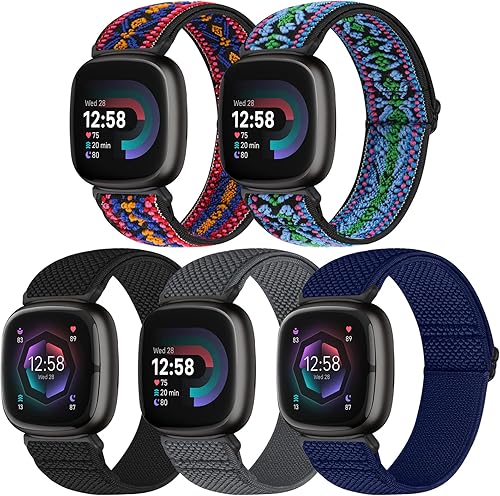 Vista 15 de Correa de repuesto compatible con Fitbit Versa 4/3 y Sense 2, paquete de 5 correas de repuesto de nailon elástico suave ajustable para hombres