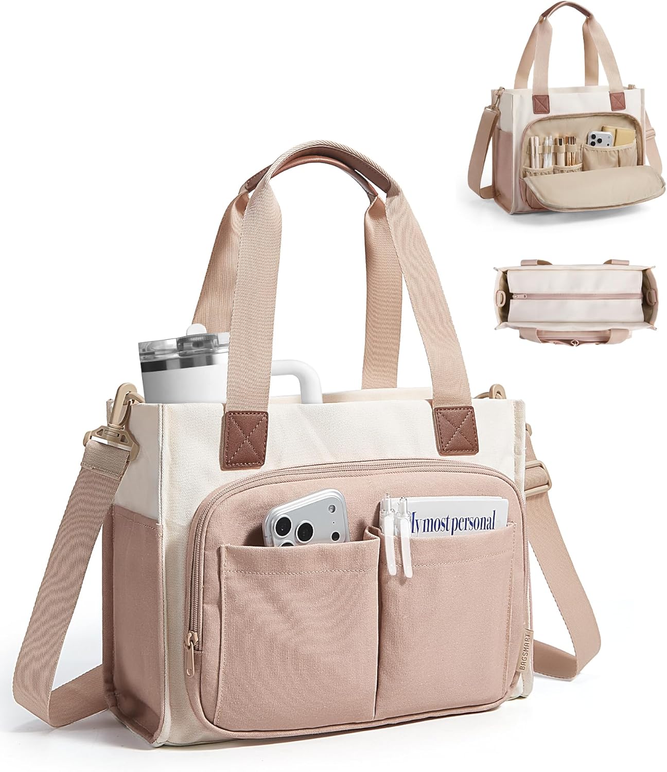BAGSMART Canvas Tote Bag for Women, Work Tote Bag with Zipper, Crossbody Handbag for Travel Teacher Nurse