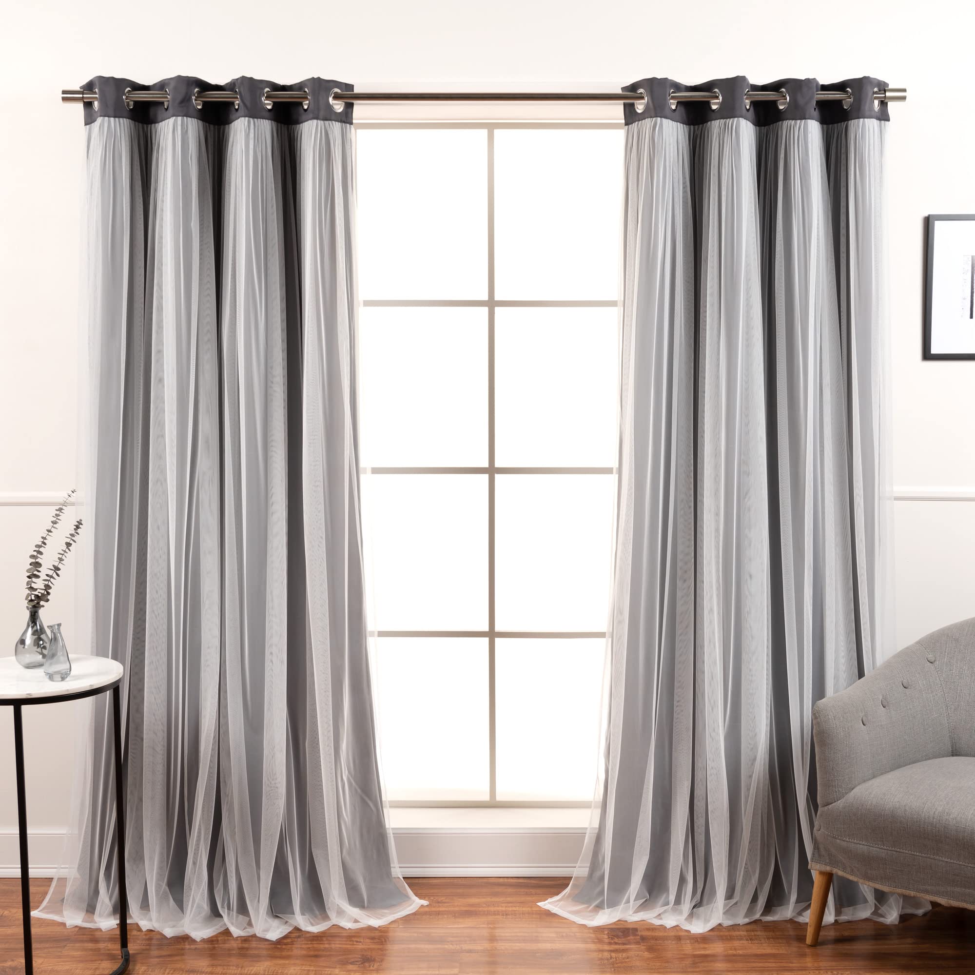 Best Home Fashion Set of 2 Lace Tulle Overlay Thermal Insulated Solid Blackout, Stainless Steel Nickel Grommet Window Panels for Bedroom, Living Room,