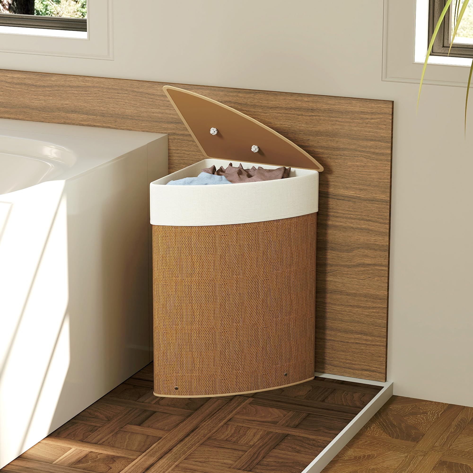 HOMCOM Cesto Portabiancheria Angolare da 55L con Sacco Estraibile e Coperchio Removibile, Cesta per la Biancheria in Bambù, 35x35x60 cm, Marrone