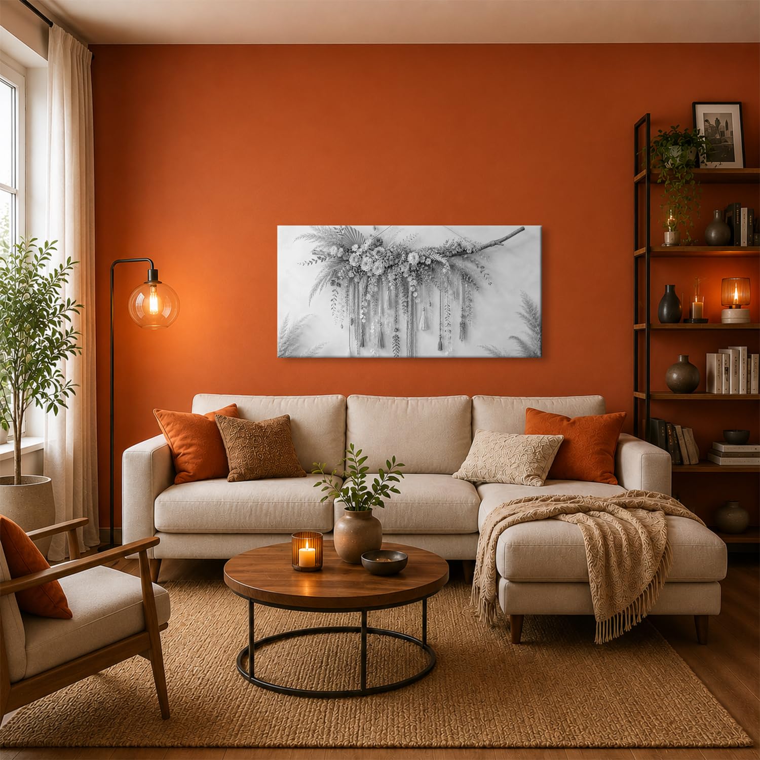 Leinwandbild Trockenblumen und Quasten an einem Ast 120x60cm Schwarz&Weiß