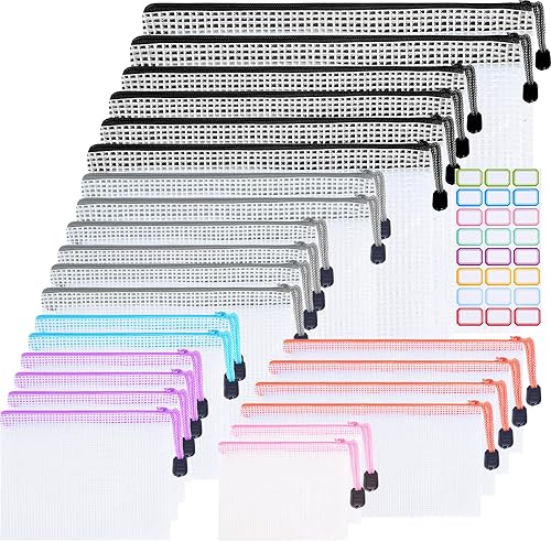 24 bolsas de malla con cremallera con etiquetas adhesivas, 8 tamaños de bolsas impermeables con cremallera, bolsa de documentos de 7 colores,