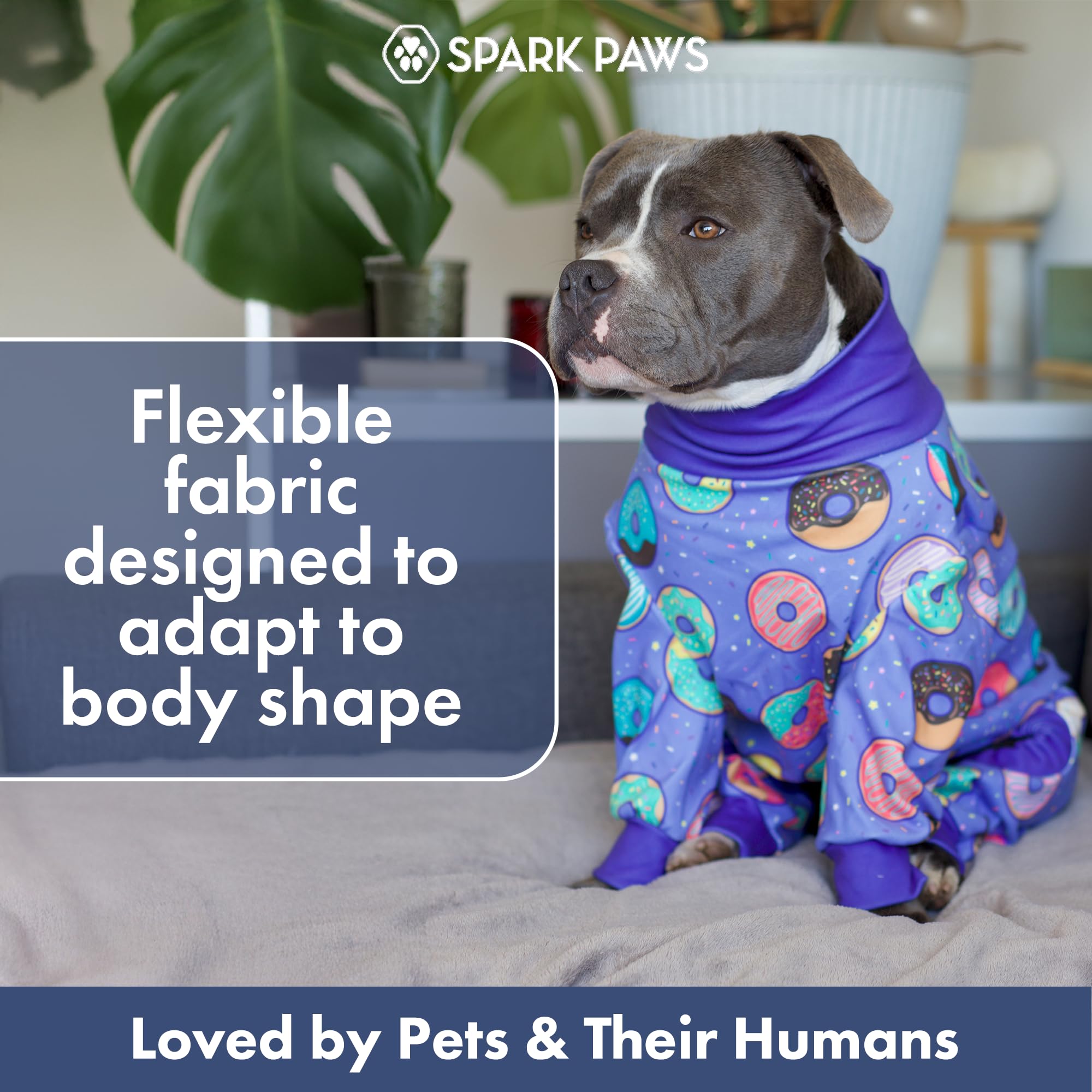 Spark Paws Pijama para perro, traje de recuperación para perro, mameluco, ultrasuave y elástico en 4 direcciones, para razas pequeñas, medianas y grandes, donas, talla 4XL