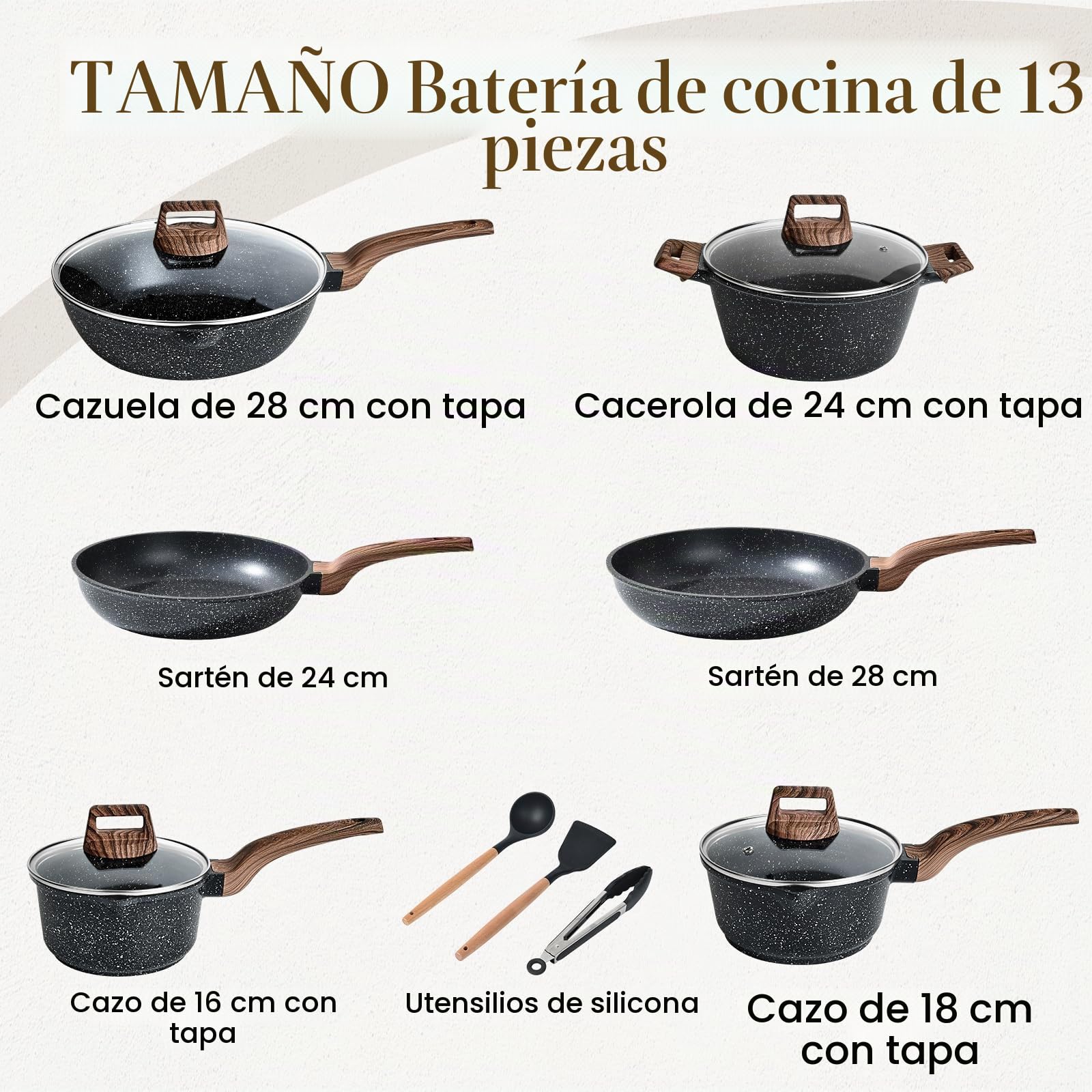 Terlulu Juego de ollas y sartenes de inducción – Juego de 13 sartenes antiadherentes, juego de utensilios de cocina de granito negro con tapa, juego de cacerolas antiadherentes, juego de sartenes,