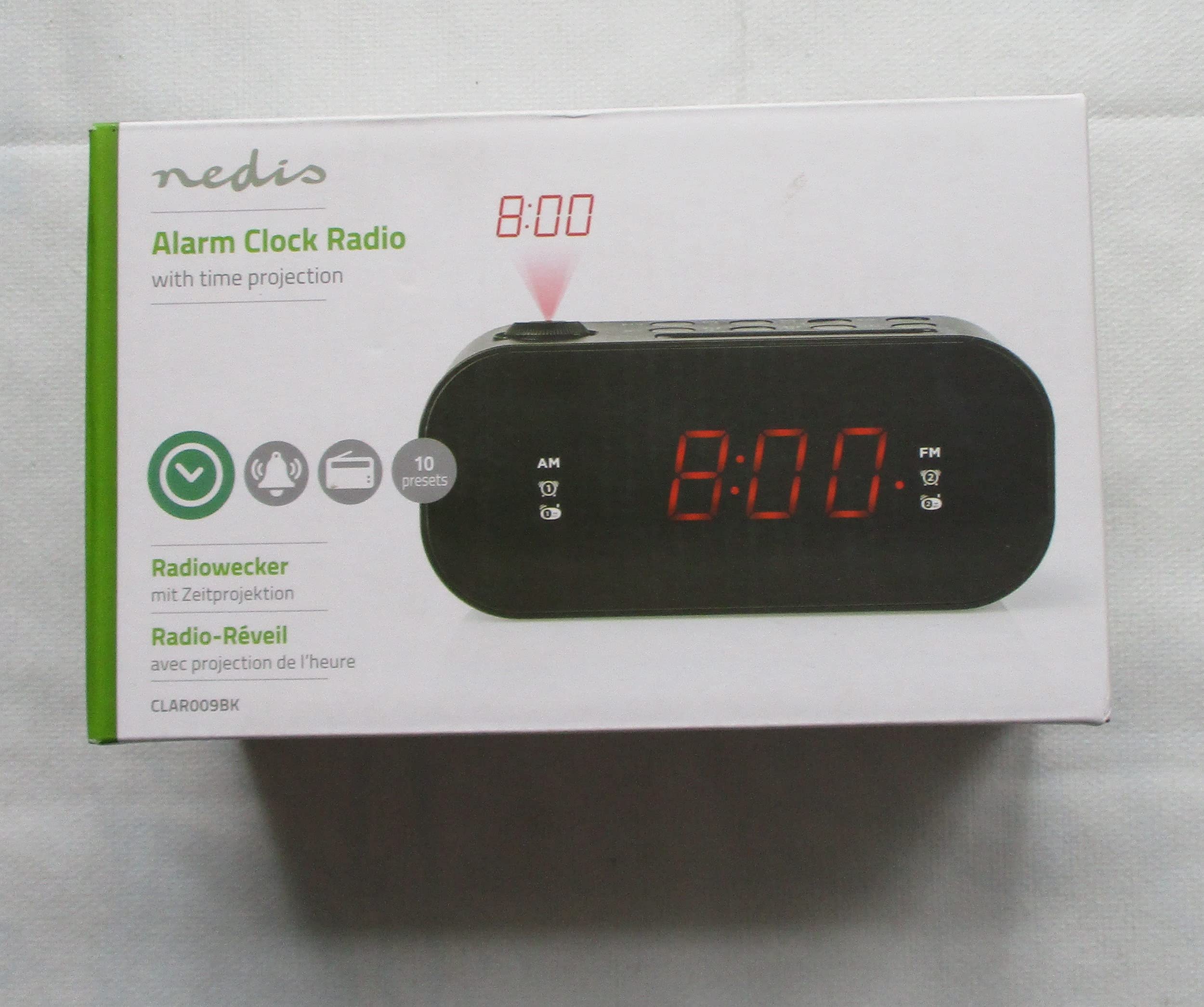 Nedis - Radio Despertador Digital con proyección de Hora - LED de 0,9" - 10 presintonías - FM - Alarma Dual - Función de repetición - Función de repetición - Función de repetición