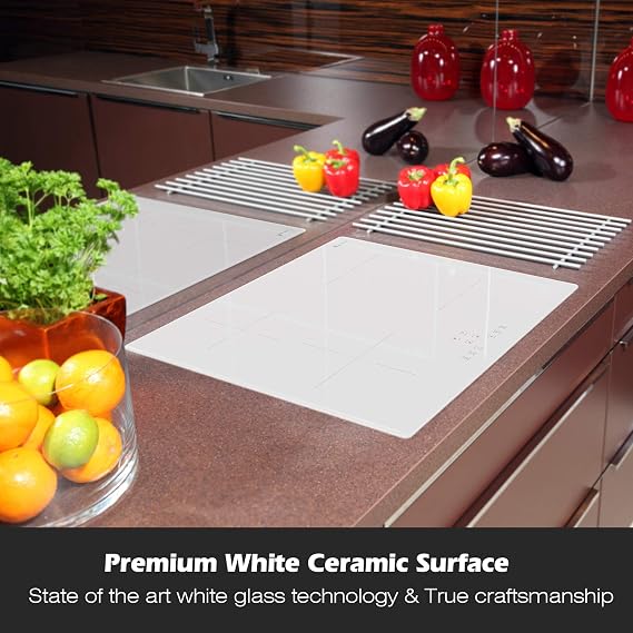 Induction Hob 4 Zone, Plug-in Electric Induction Cooker, Built-in 60cm Cooktop with Touch Controls, Crystal White Glass Panel,13Amp 2800W
