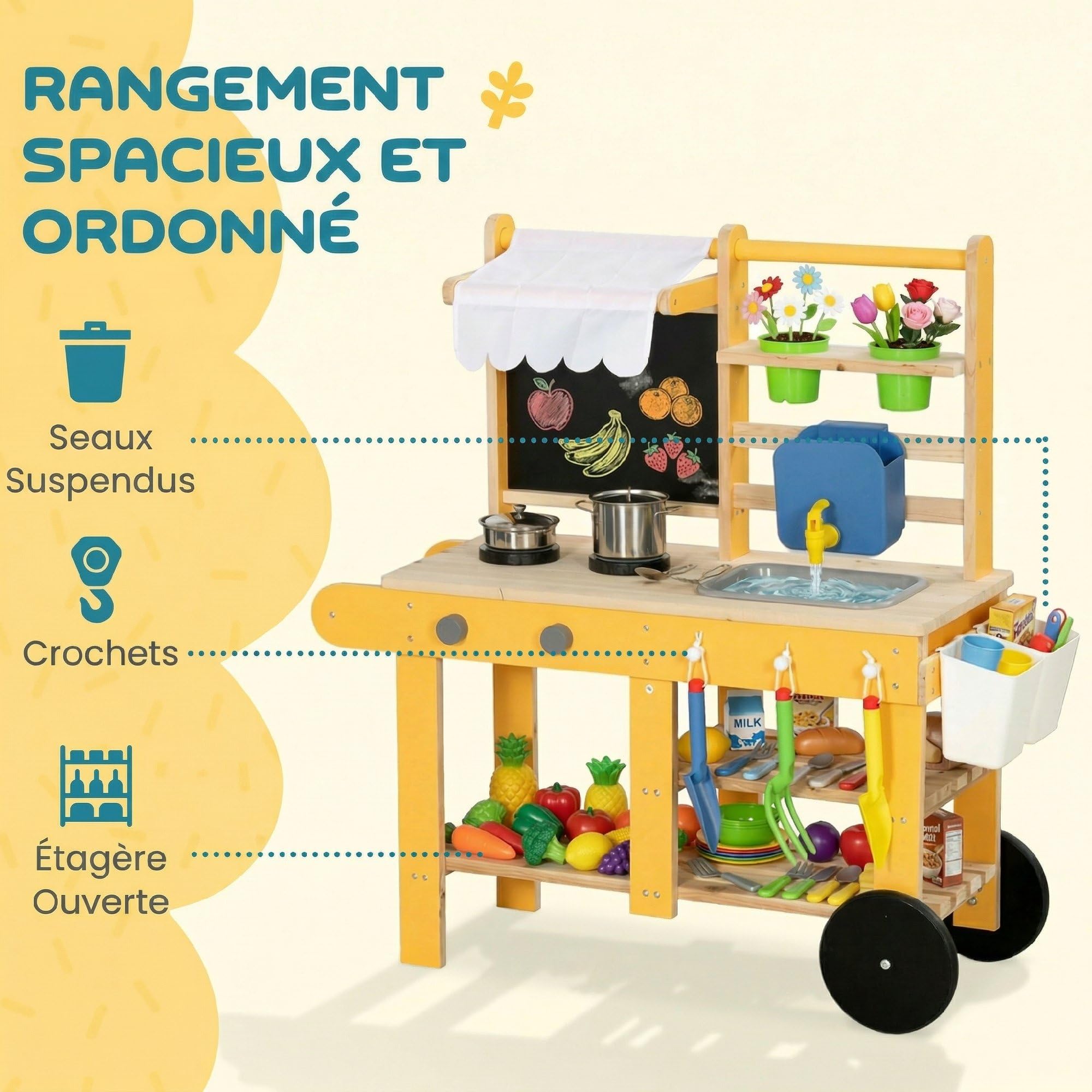 AIYAPLAY Cuisine Enfant en Bois avec roulettes, Cuisine Enfant Exterieur avec Eau Courante, Évier, Plaque de Cuisson, Étagère de Rangement, Pots de Plantation, Tableau, 15 Accessoires, Jaune