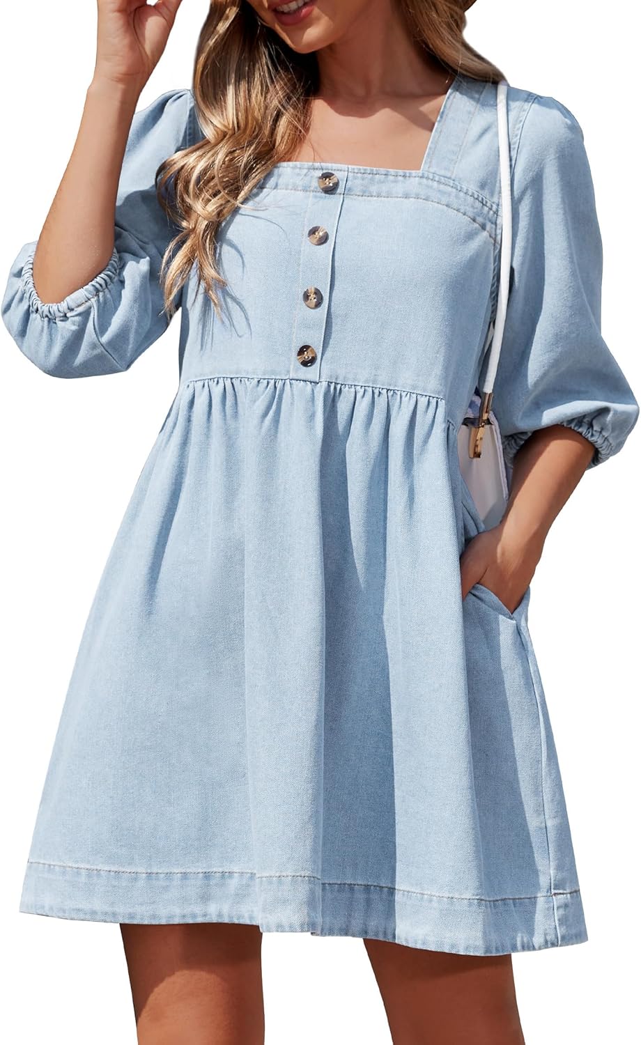 Skirt BL Denim Dress for Women Square Neck Jean Dress 3/4 Sleeve Babydoll Tiered Summer Dresses with Pockets 2025 - Image 6