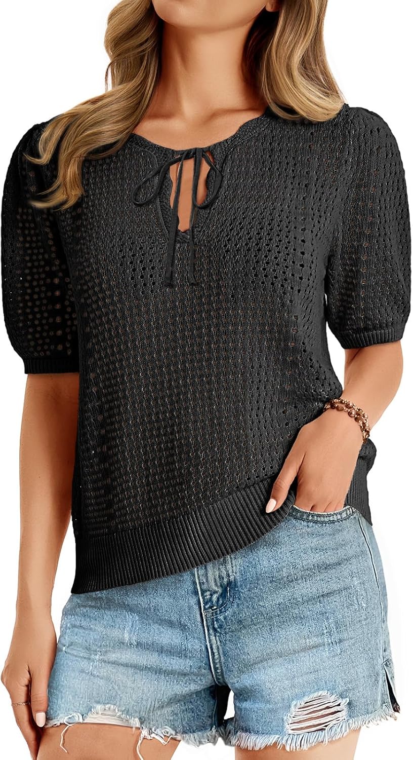 Saodimallsu Womens Crochet Sweaters Puff Short Sleeve V Neck Tie Front Lightweight Casual Summer Trendy Knit Tops