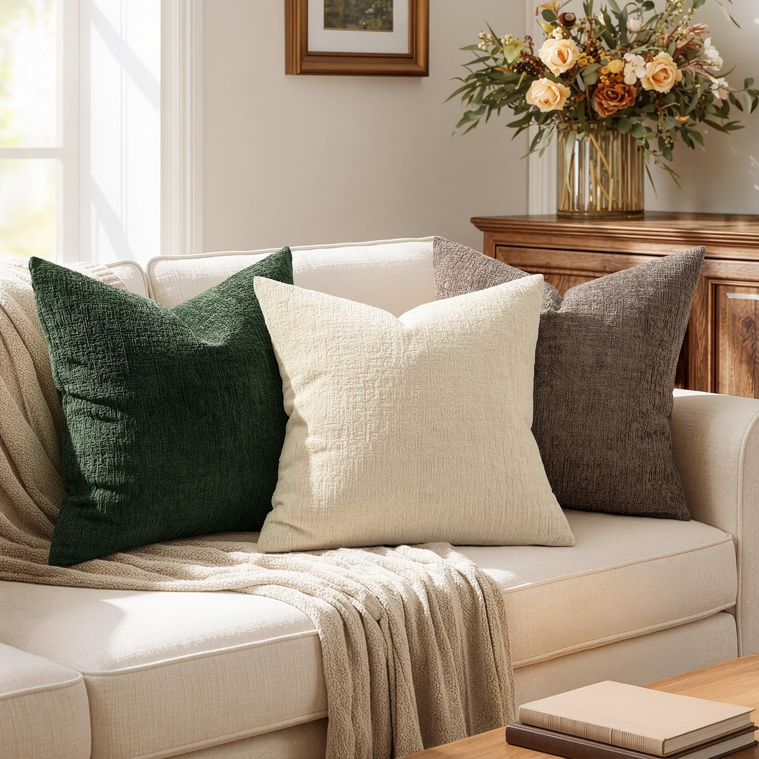 MIULEE Decorative Throw Pillow Covers 18x18 Pack of 2 Beige Couch Pillow Covers Soft Cozy Textured Chenille Pillowcases for Home Decor Sofa Living Room Cushion Bedroom — view 5