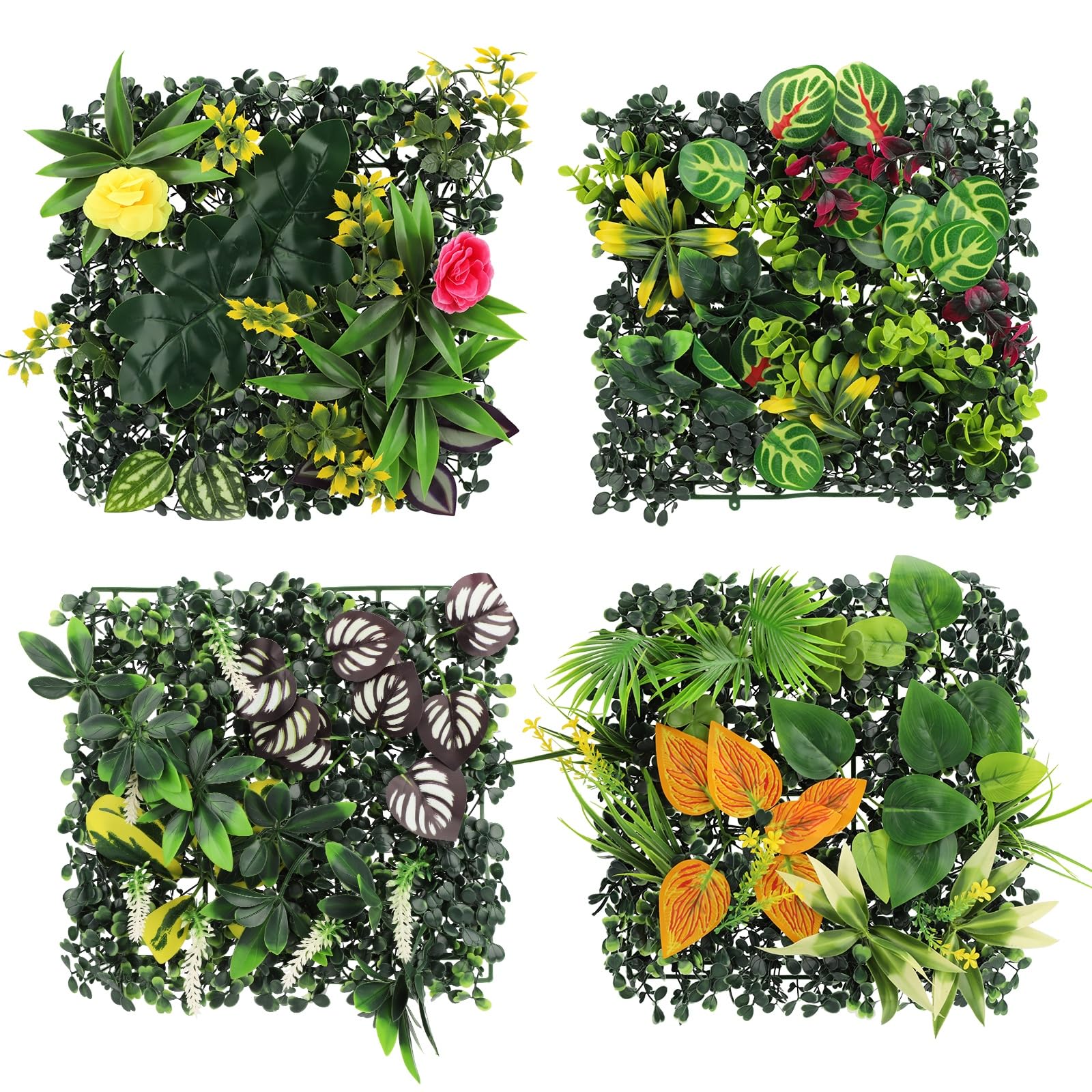 4Pcs Artificial Green Wall Panels 25x25cm,Mixed Fake Plant Wall Mat