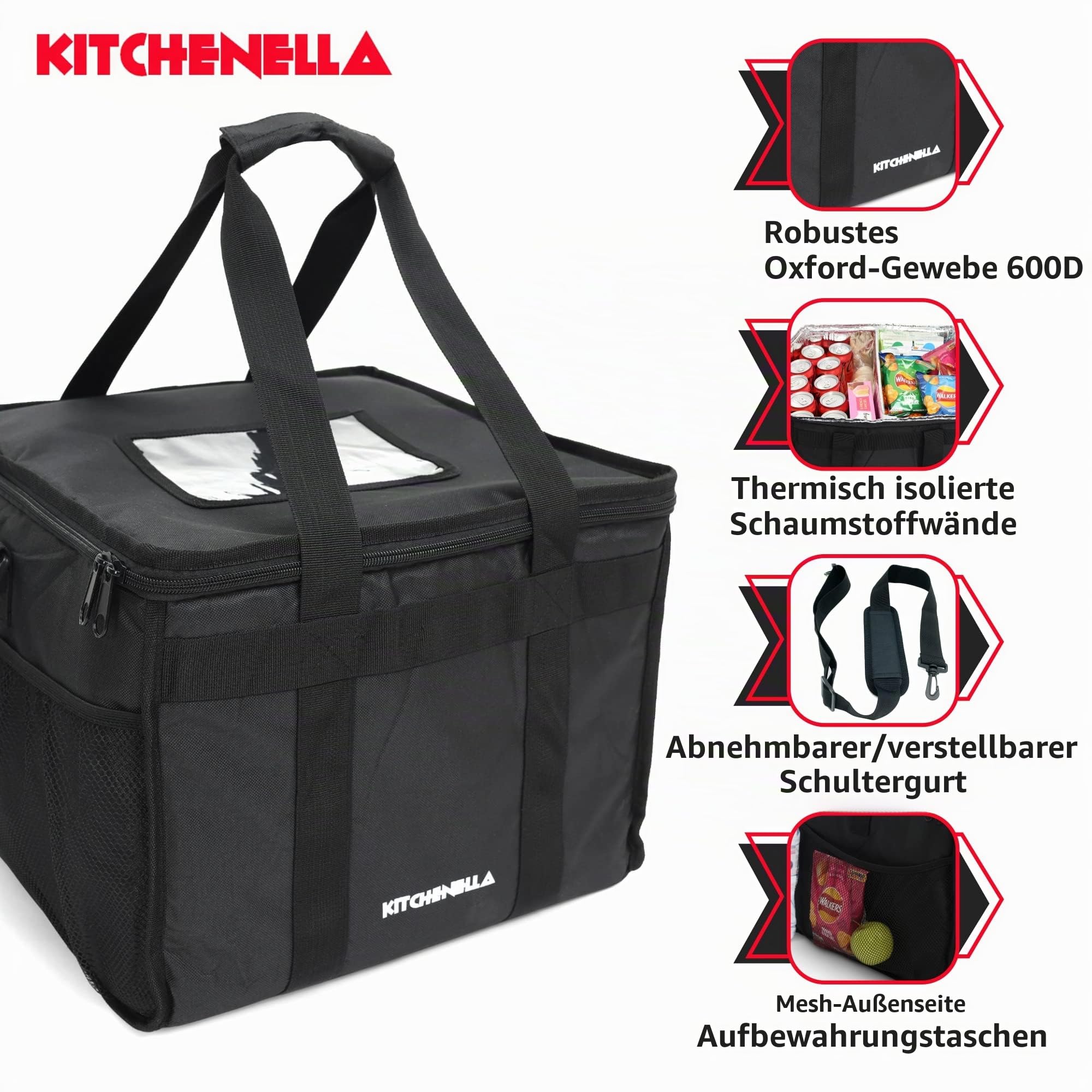 Kühltasche für heiße Lebensmittel, 40 Liter, 38 x 38 x 32 cm, Kühltasche für Picknicks am Strand, ideal für Pizza-Lieferfahrer, isoliert, hält Mahlzeiten warm oder kalt, zum Mitnehmen, Fast Food