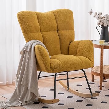 DEKKETO Teddy High Back Nursing Chair Rocking Chair Yellow Nursing chair baby room quiet swing wide seat foam padding wooden swing base non-slip pads