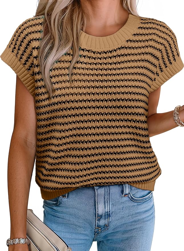 Beige and black striped knit sweater top for women - casual chic summer fashion