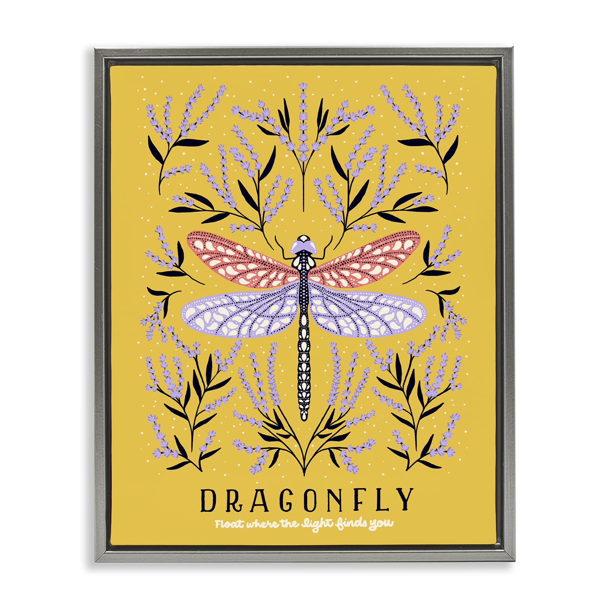 Stupell Industries Luster Gray (Matte) 'Dragonfly Symmetry On Yellow'| Floating Frame Canvas Art